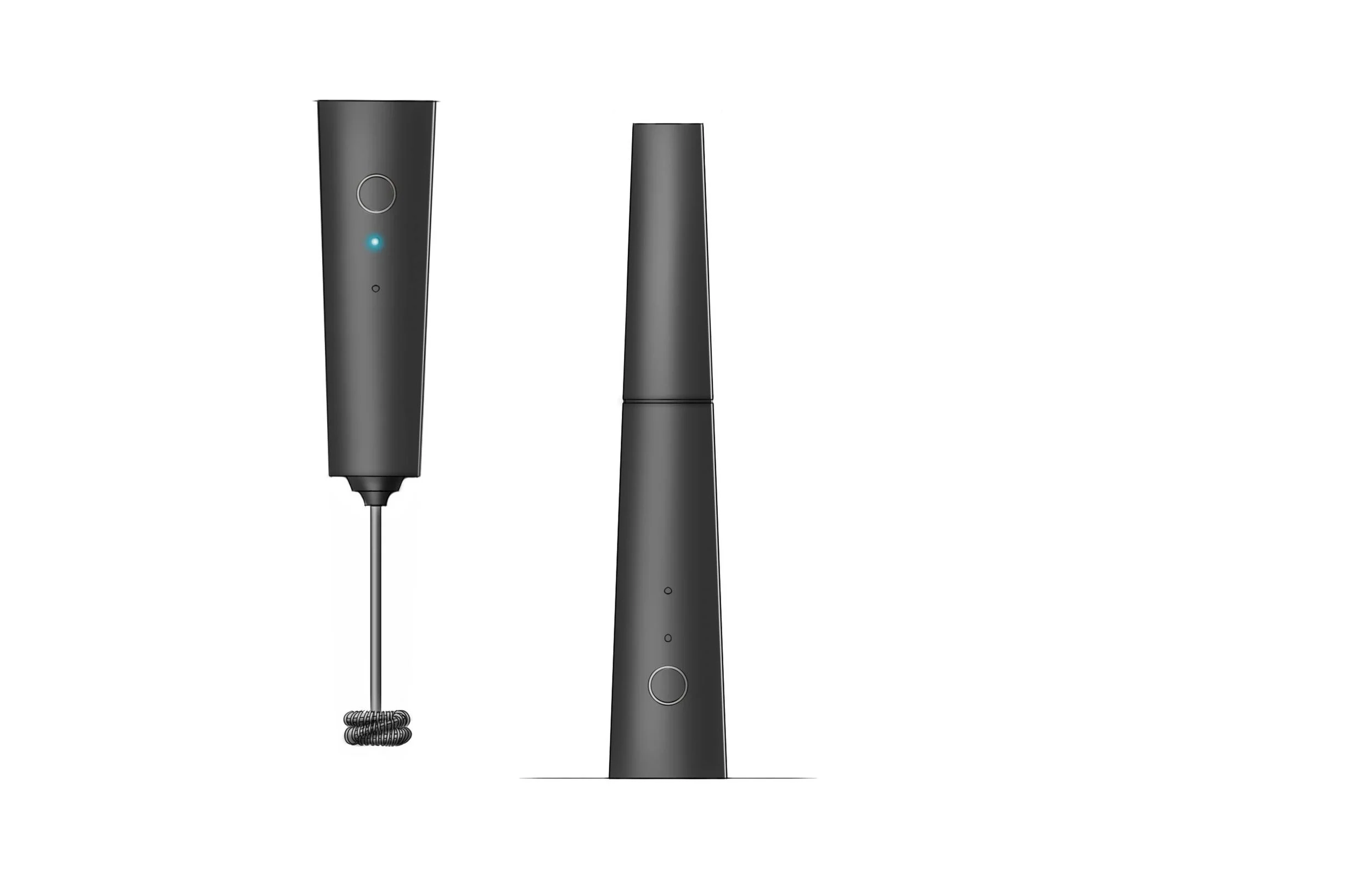 Black handheld electric milk frother shown assembled and disassembled with a whisk attachment