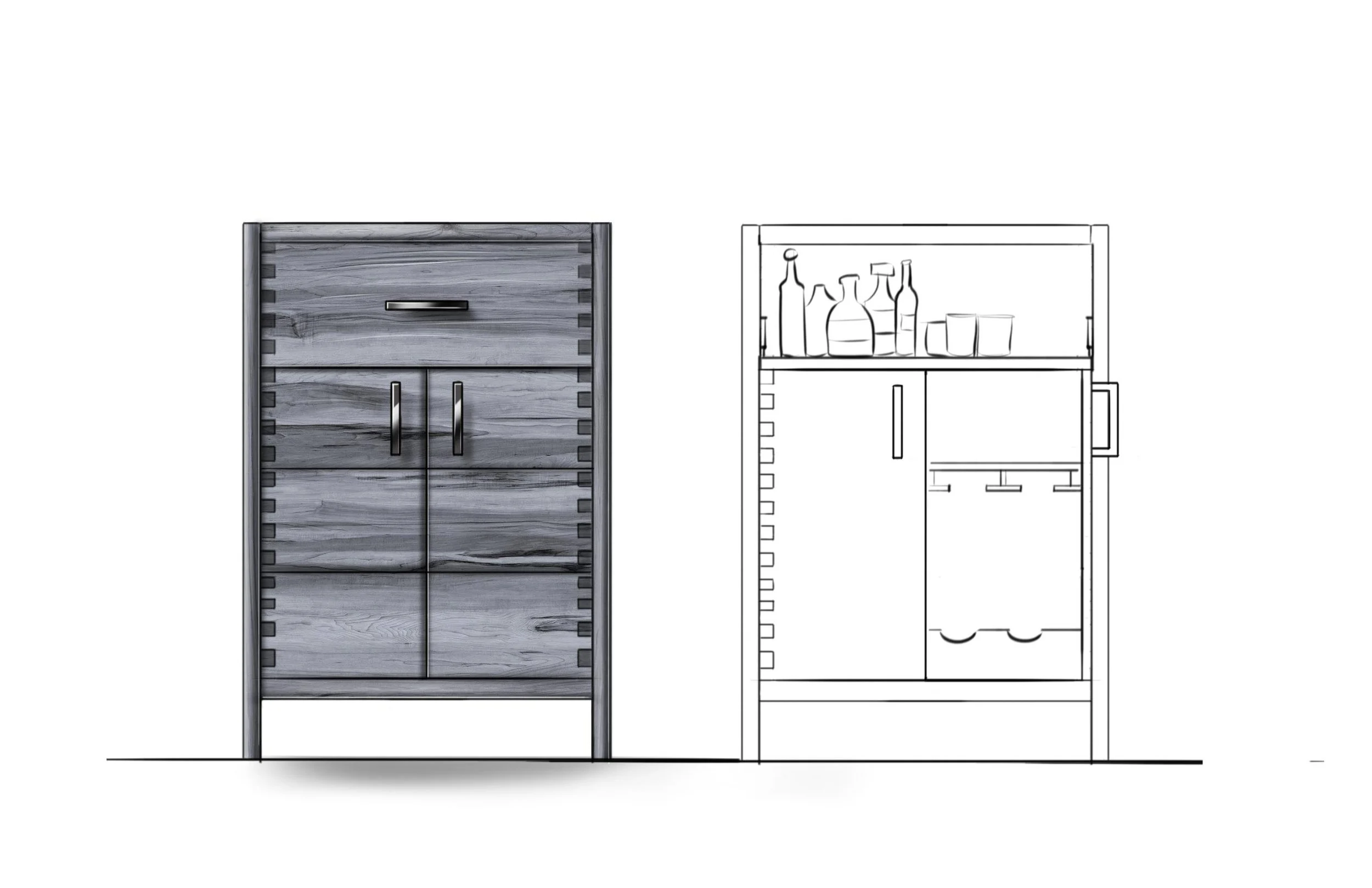 Front and interior views of a rustic wooden liquor cabinet with bottle storage, glassware shelves, and lower cabinets