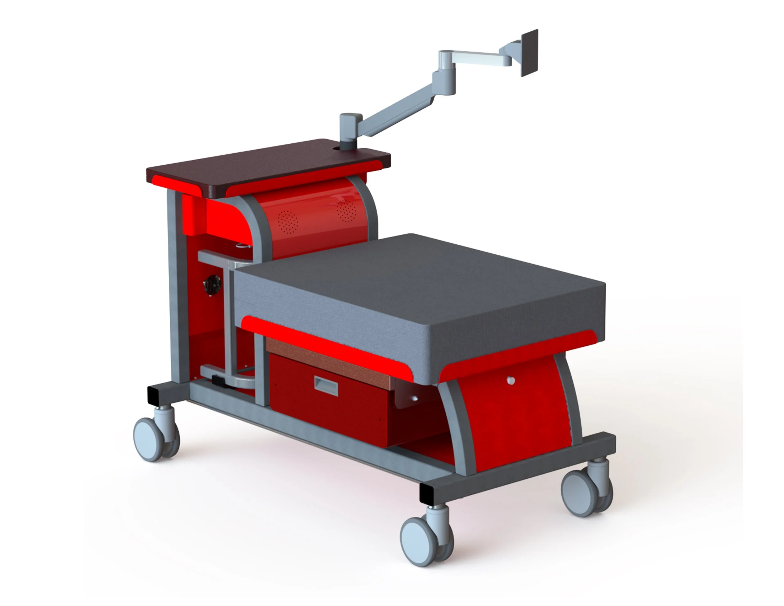 Red and gray mobile hospital workstation cart with adjustable monitor arm and casters