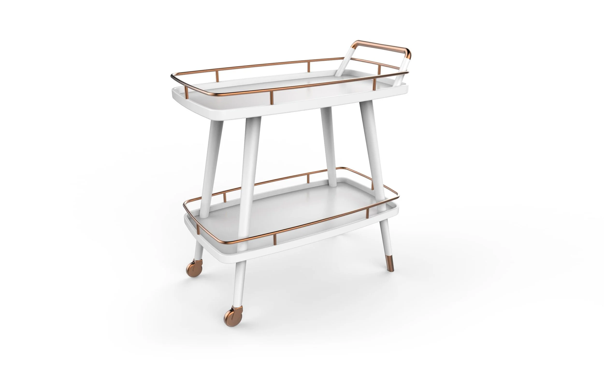 White and rose-gold two-tier bar cart with raised railings, handle, and caster wheels