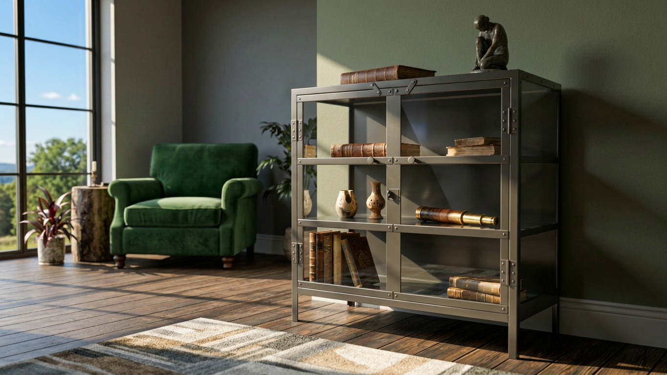 Sunlit living room with a green armchair, industrial metal bookshelf filled with antique books, ceramic vases, and a small sculpture beside a large window.