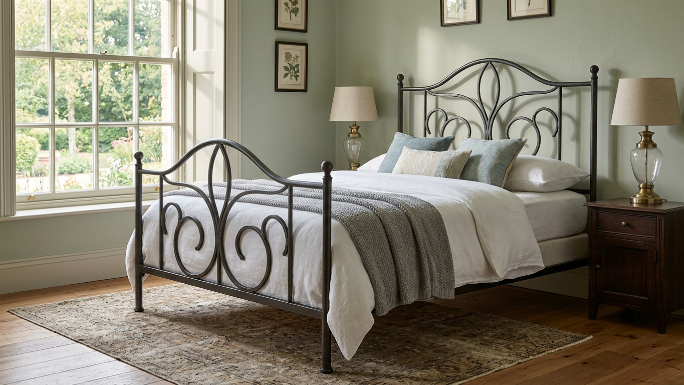Elegant bedroom with an ornate black metal bed, white bedding, gray throw blanket, bedside lamps, framed botanical prints, and a large garden-view window.
