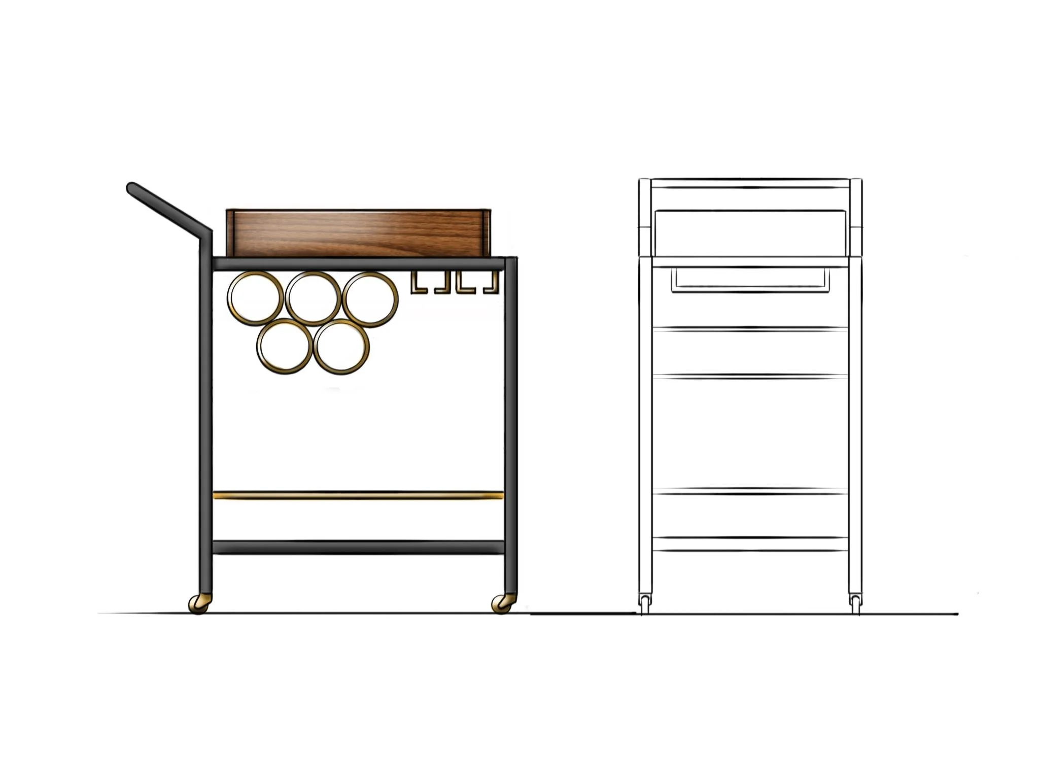 Illustration of a rolling bar cart with wine glasses and bottles, shown in colored front view and black-and-white rear view.