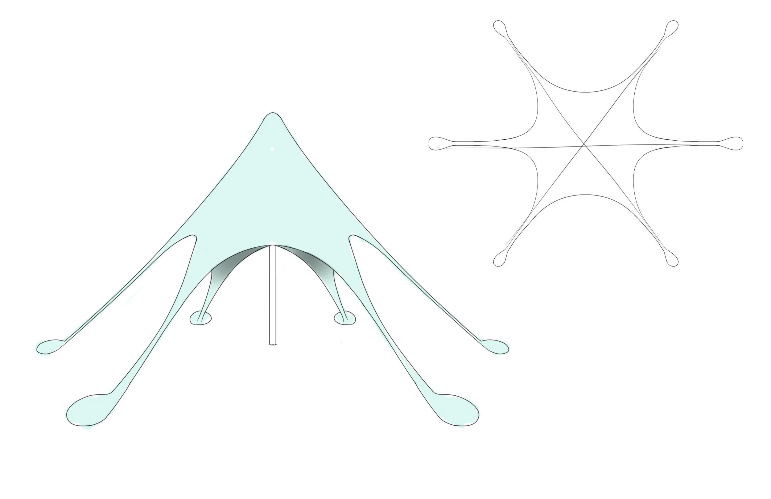 Illustration of a beach tent with long legs beside a line drawing of its structure