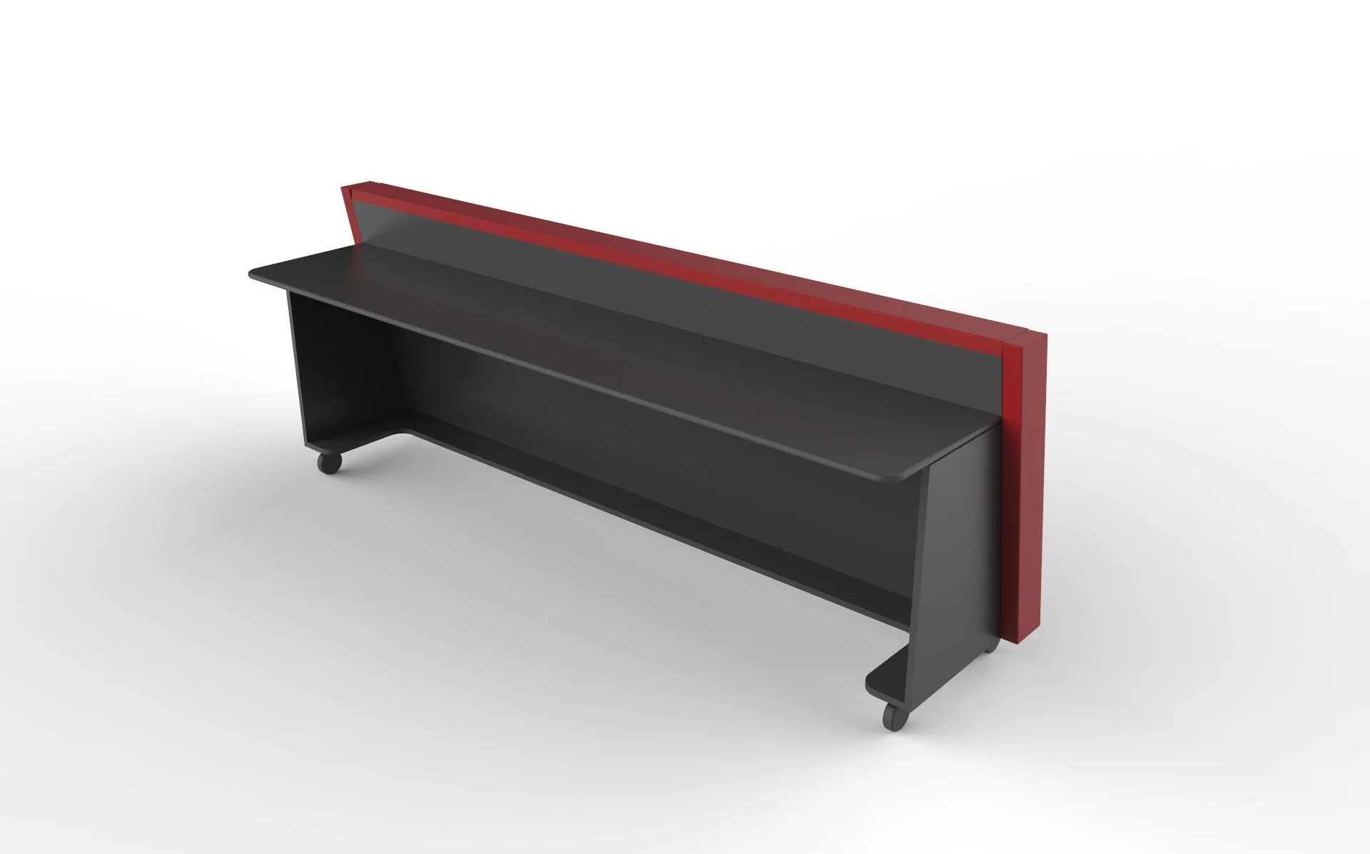 Modern black and red mobile workbench with a large tabletop, lower shelf, back panel, and casters