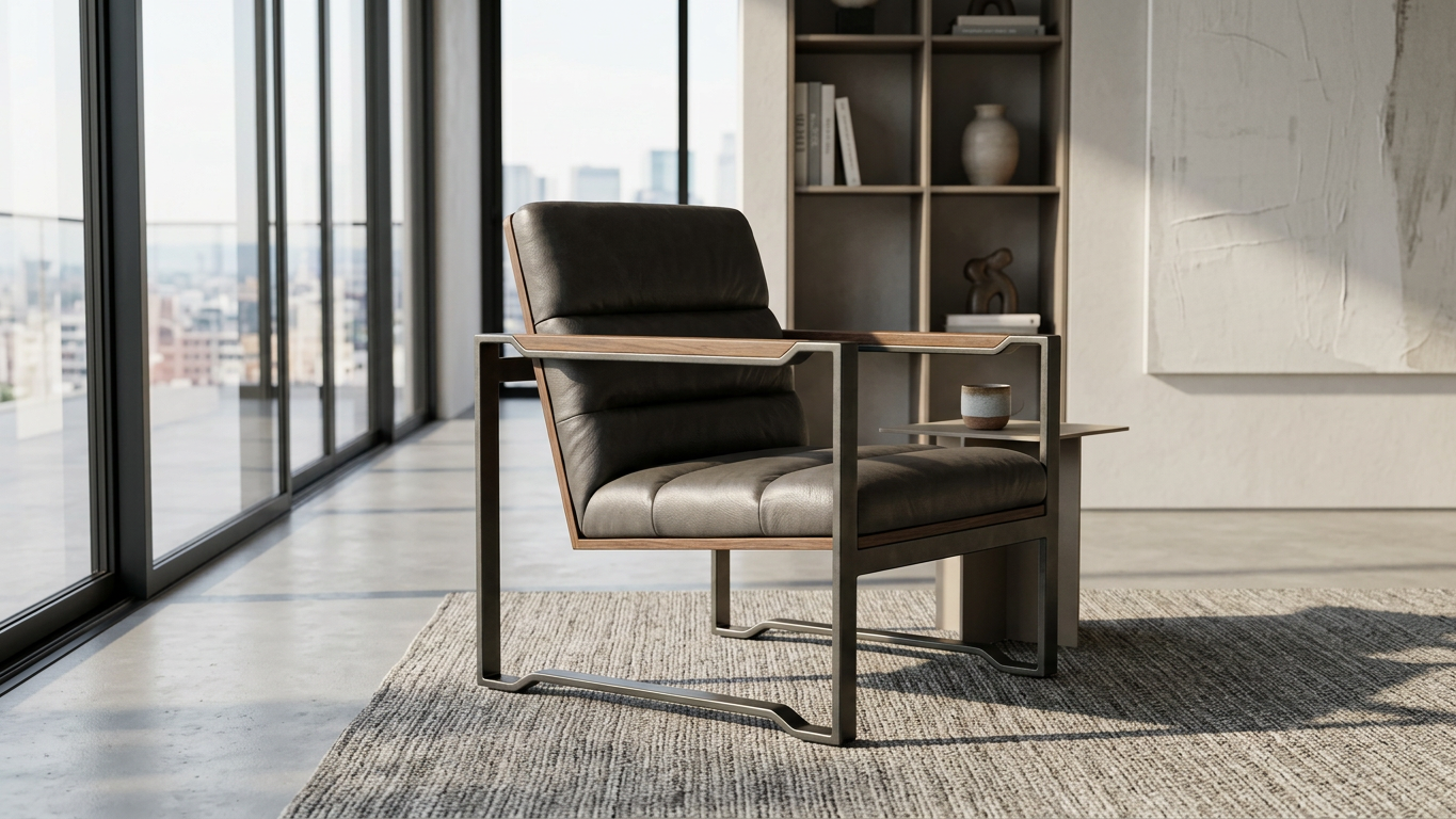 Modern black leather lounge chair with a wood frame and built-in side table in a sunlit contemporary office.