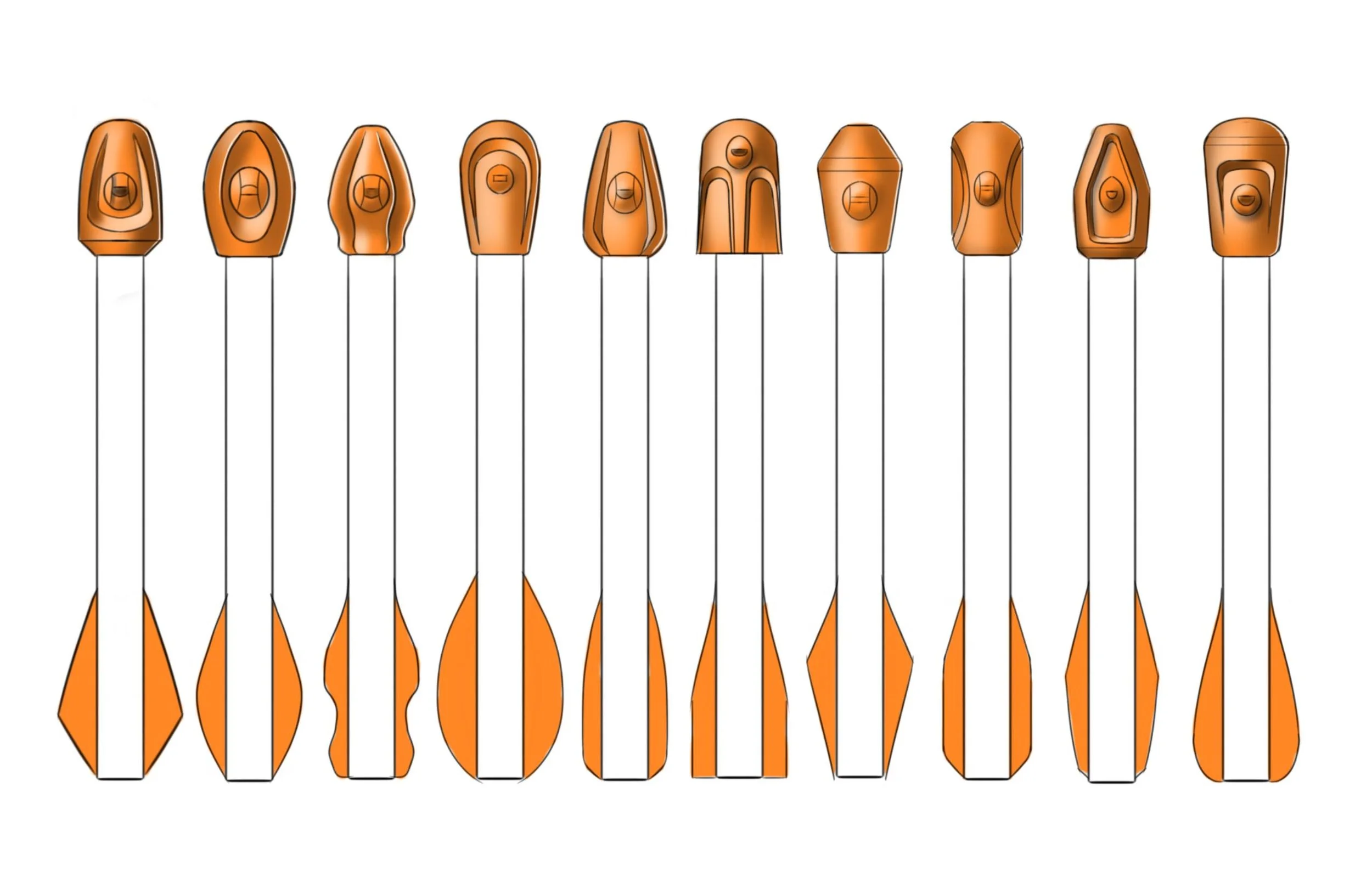 Illustration of ten orange badminton shuttlecocks arranged in a row on a white background