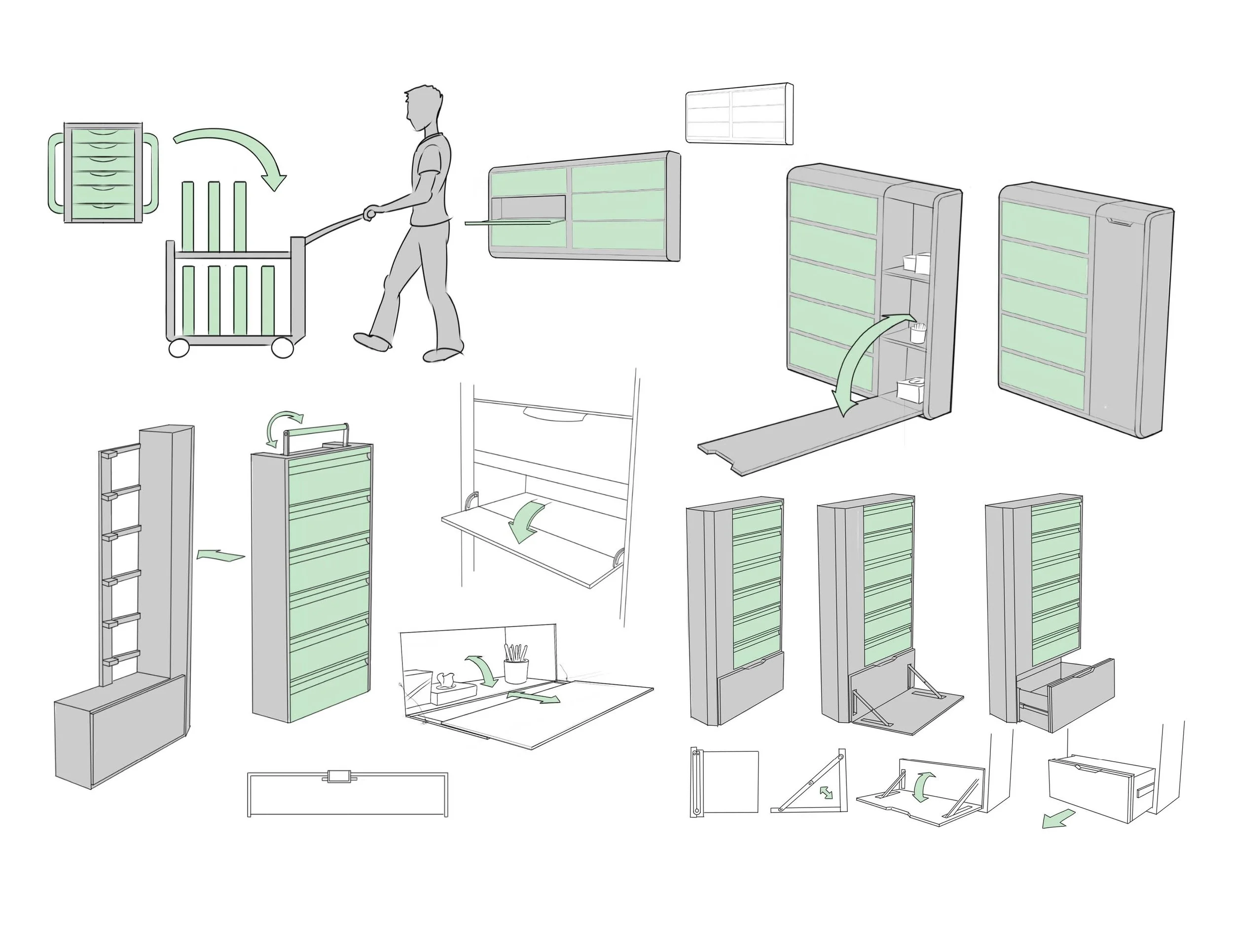 Illustrated assembly and configuration guide for a modular wall-mounted storage cabinet with drawers, shelves, fold-down desk, and medicine cabinet.