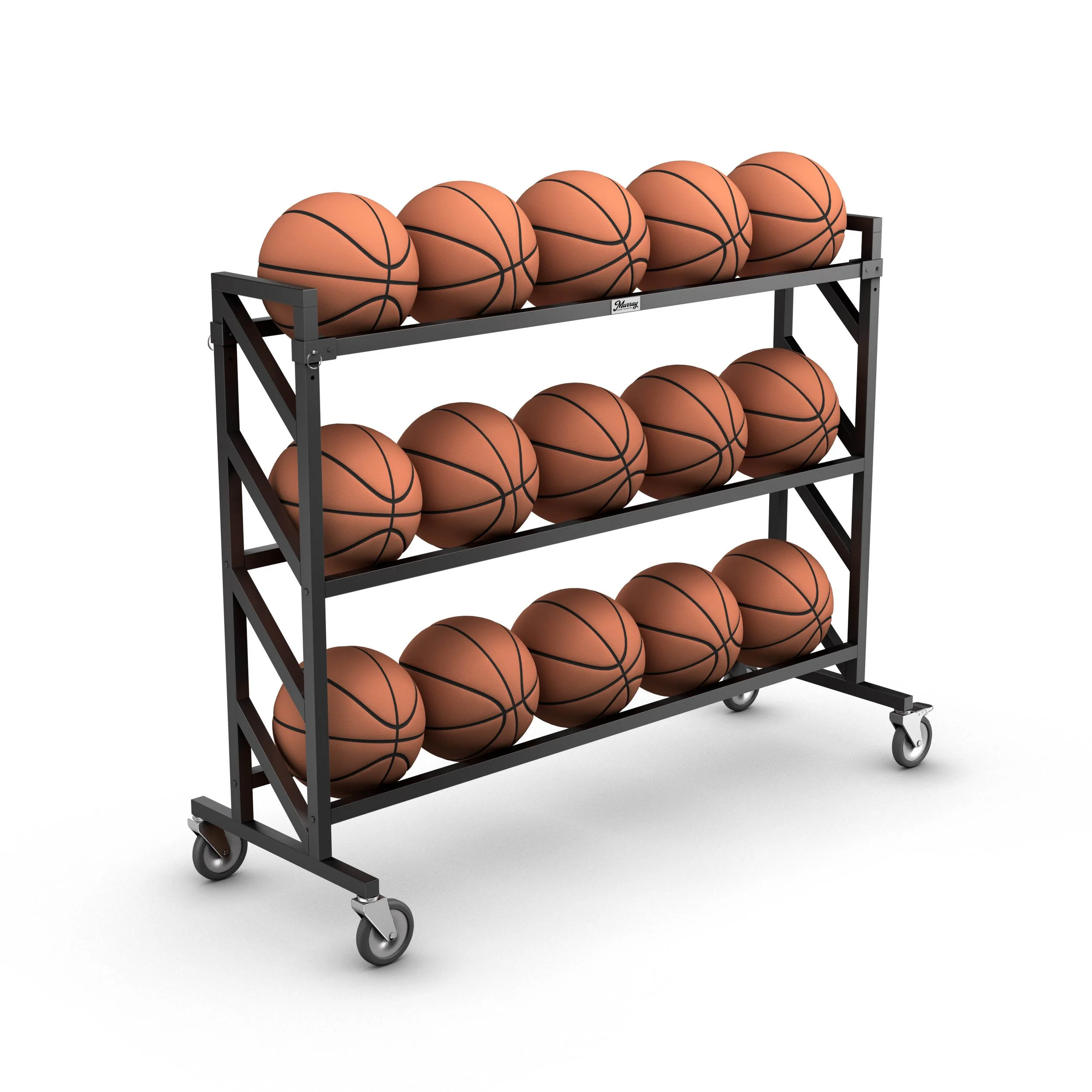 Mobile three-tier basketball storage rack filled with orange basketballs