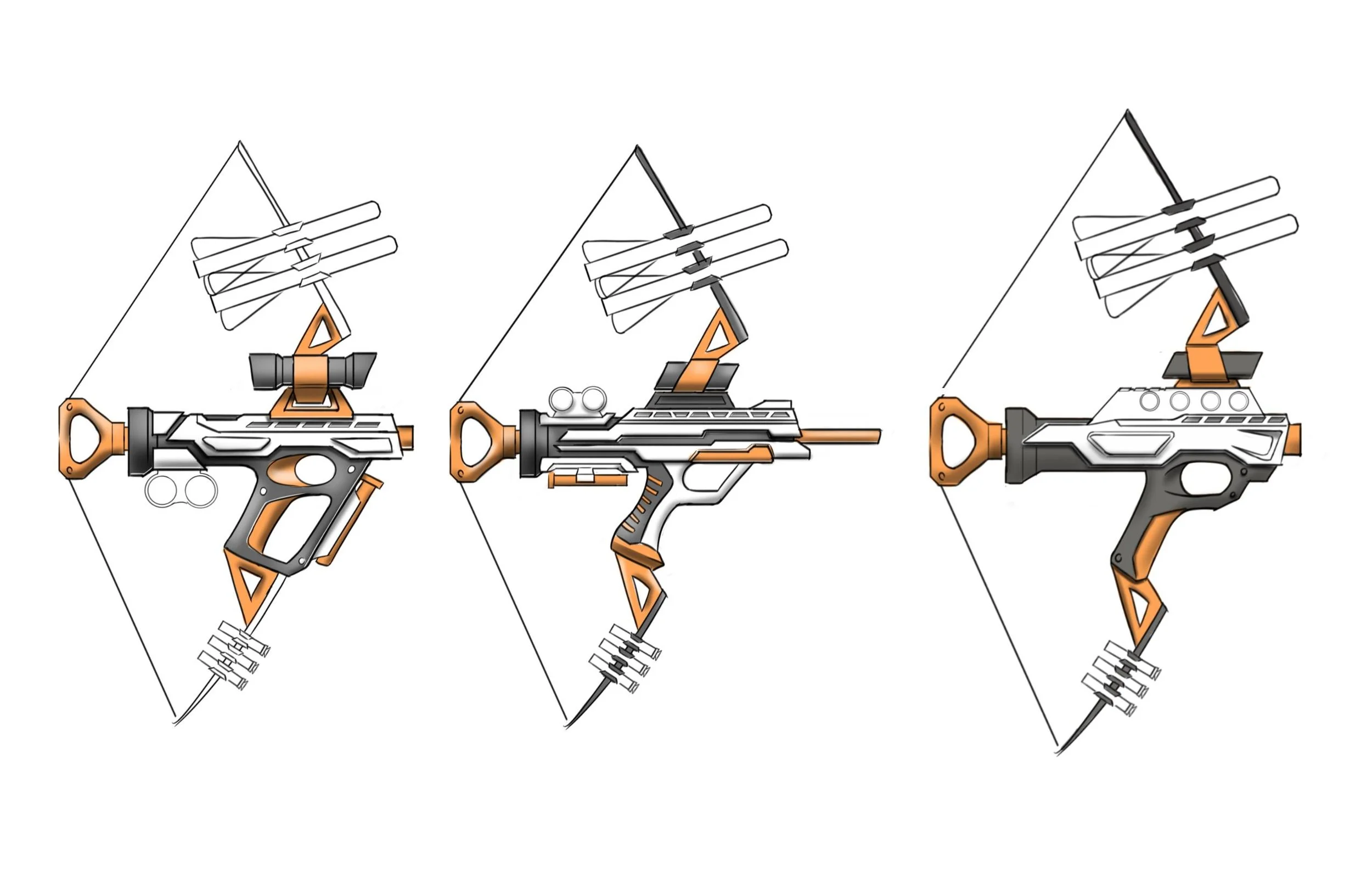 Three illustrated futuristic crossbow-like weapons with orange, black, and white details, shown in different designs.
