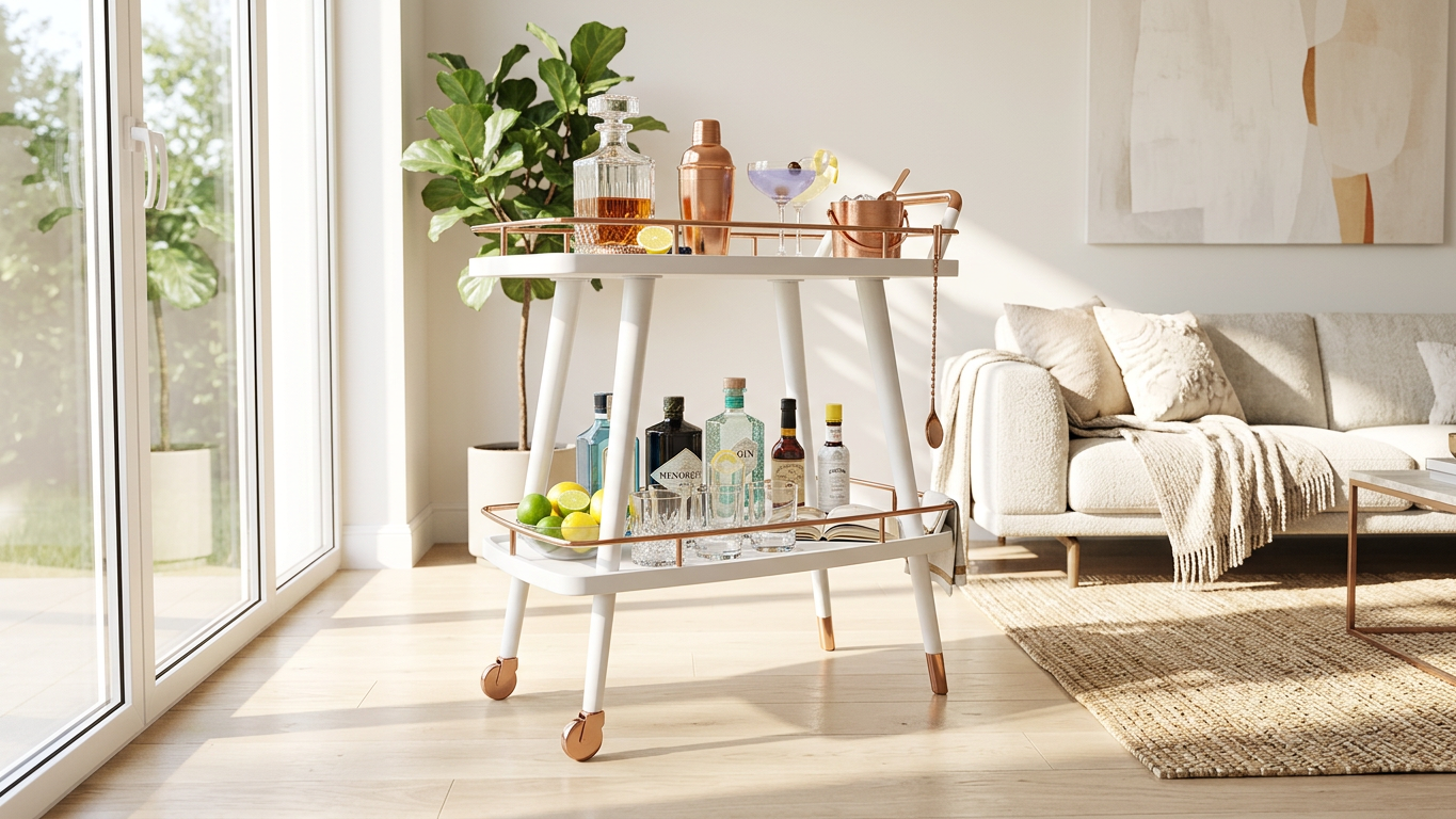 Stylish two-tier bar cart with liquor bottles, glassware, cocktail shaker, citrus fruit, and bar tools in a bright living room