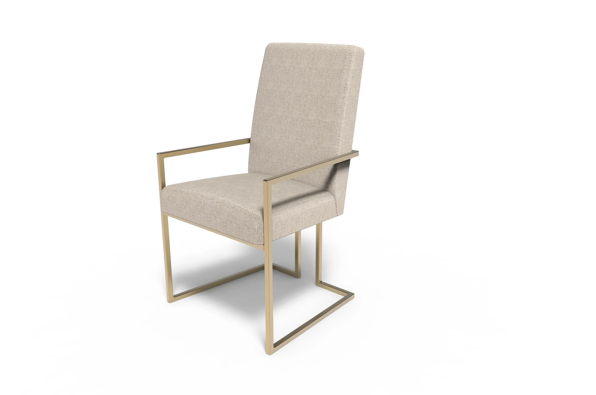 Beige upholstered armchair with gold metal frame on a white background