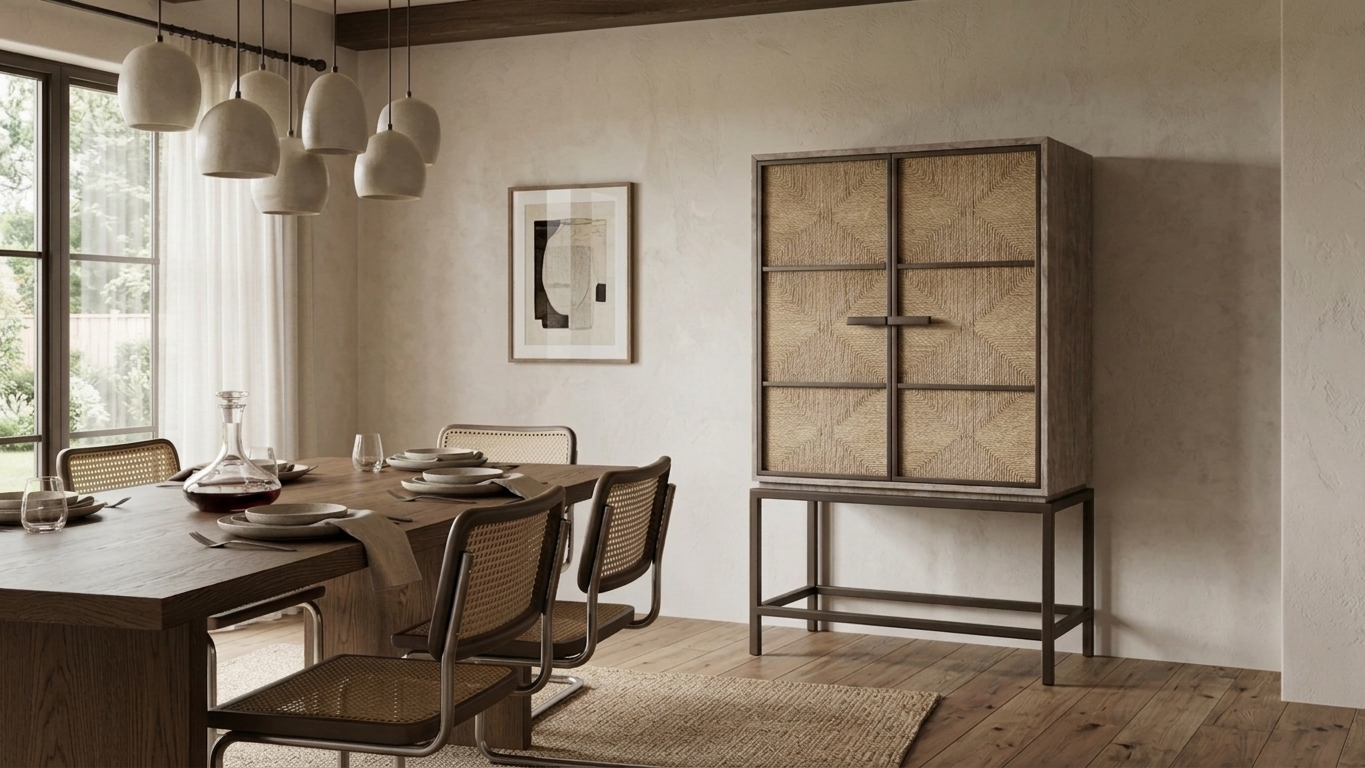Warm modern dining room with a wood table, woven chairs, pendant lights, abstract wall art, and a textured wooden cabinet.
