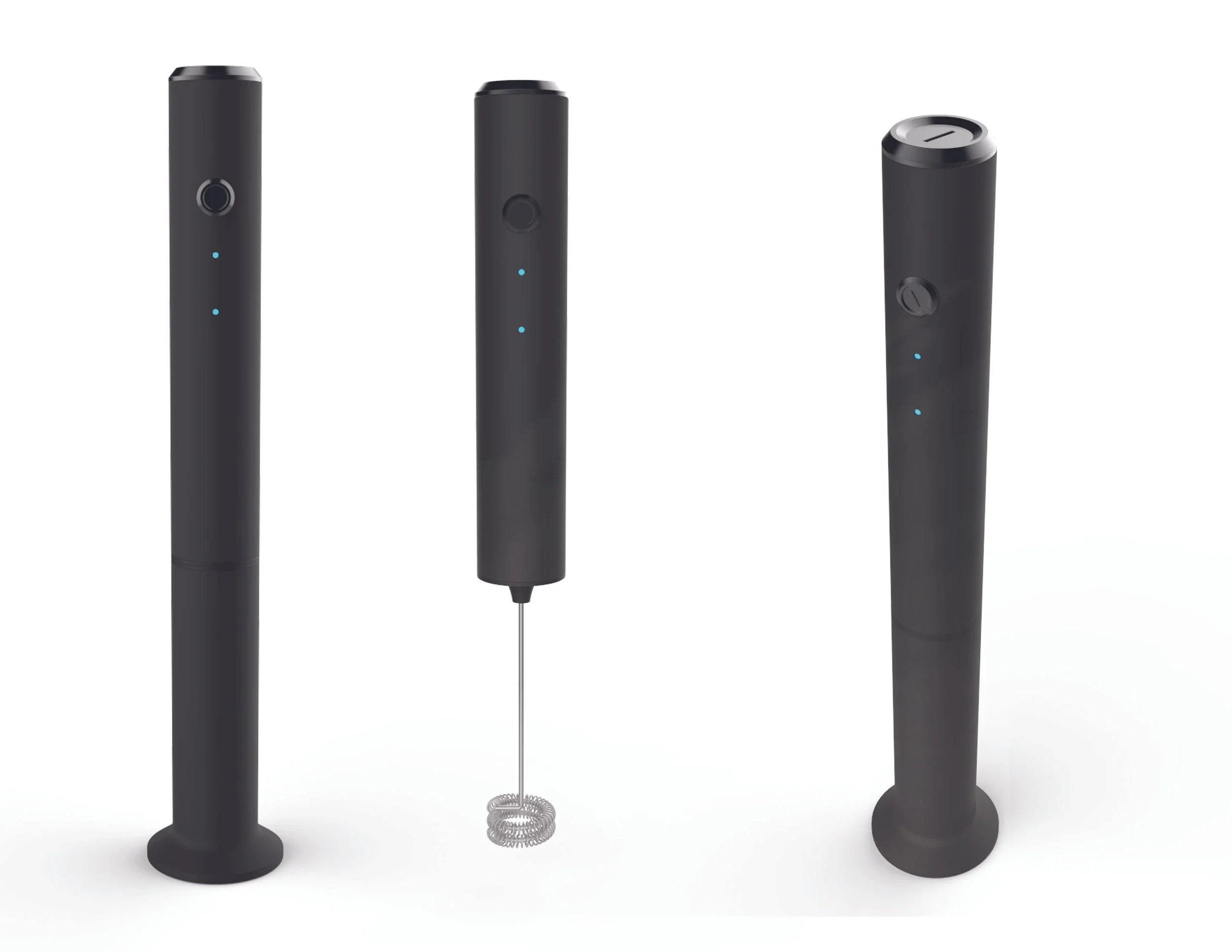 Three black handheld milk frothers shown from different angles, including one with a visible whisk attachment.