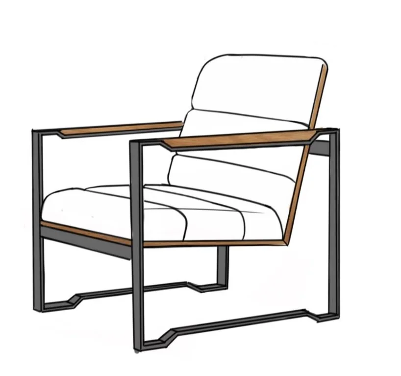 Modern mid-century armchair with white cushions, wooden armrests, and black metal frame