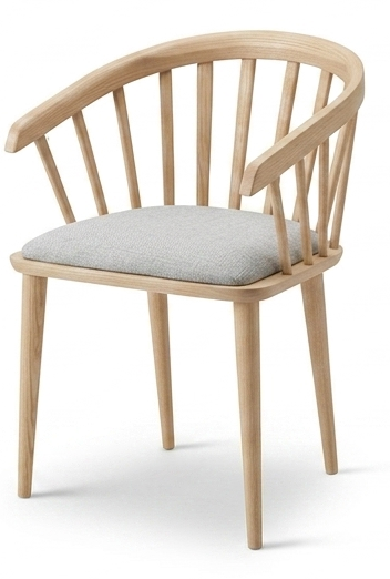 Light wood spindle-back armchair with a gray upholstered seat cushion