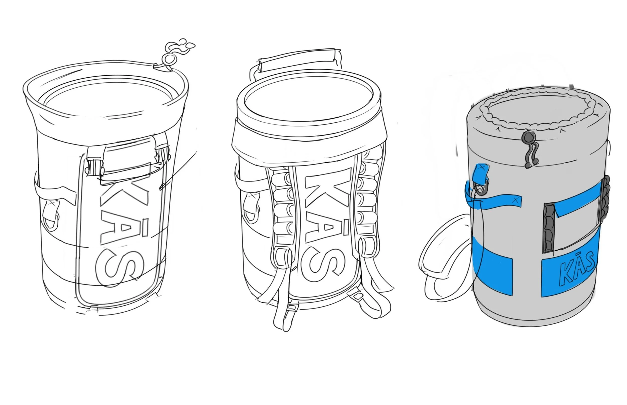 Illustrations of three cylindrical backpack-style containers with straps, buckles, drawstring closures, and blue accents on the right design