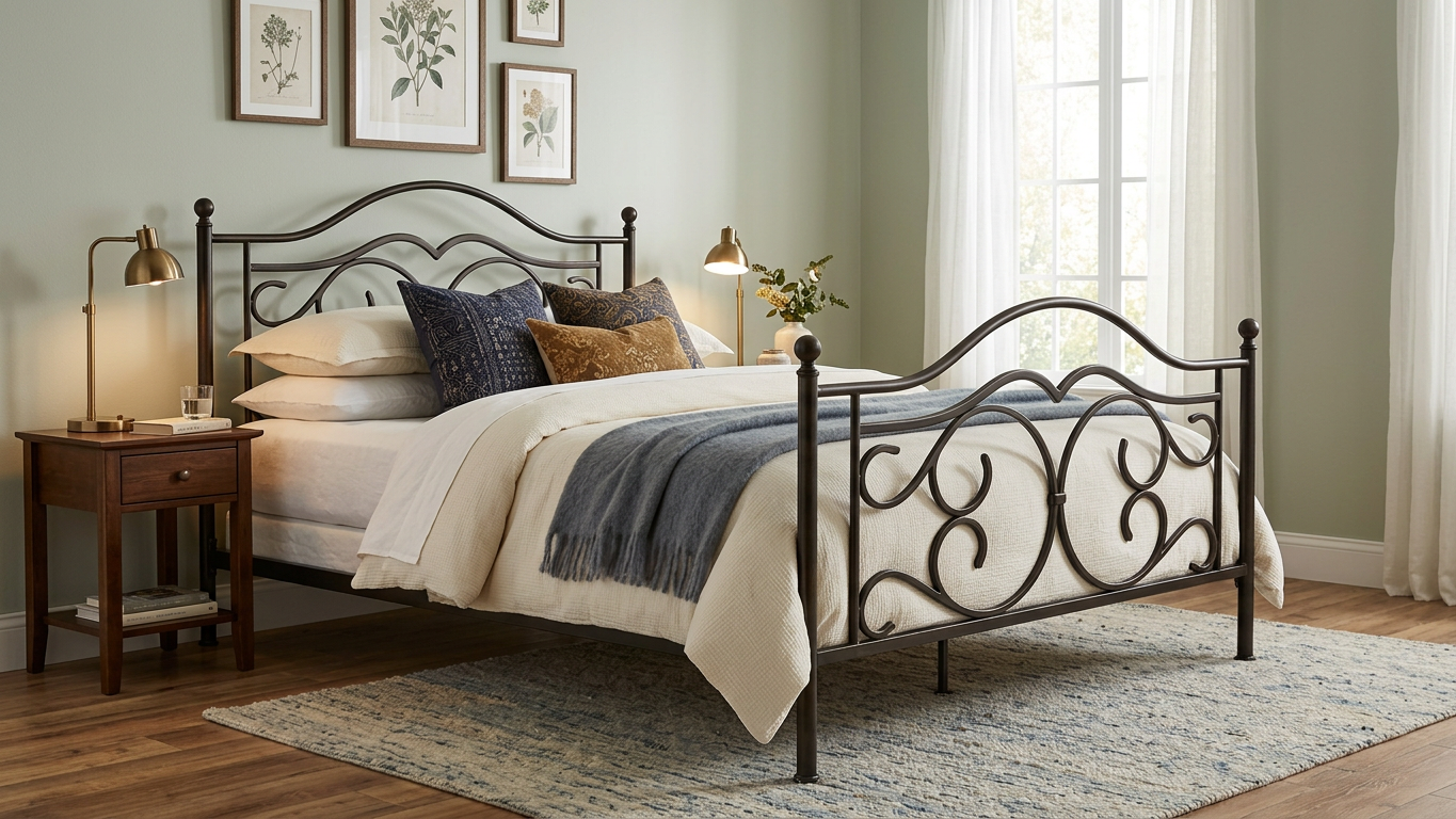 Cozy bedroom with an ornate black metal bed, white bedding, navy and gold accent pillows, gray throw blanket, wooden nightstand, botanical prints, and large curtained window