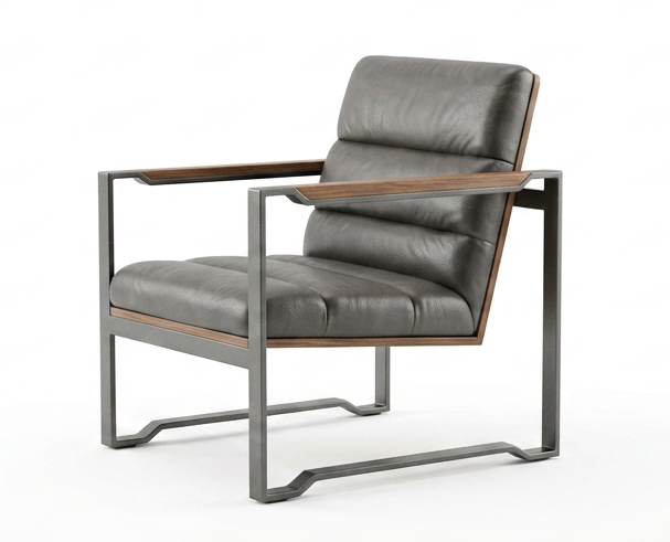 Modern gray leather lounge chair with wooden armrests and a dark metal frame