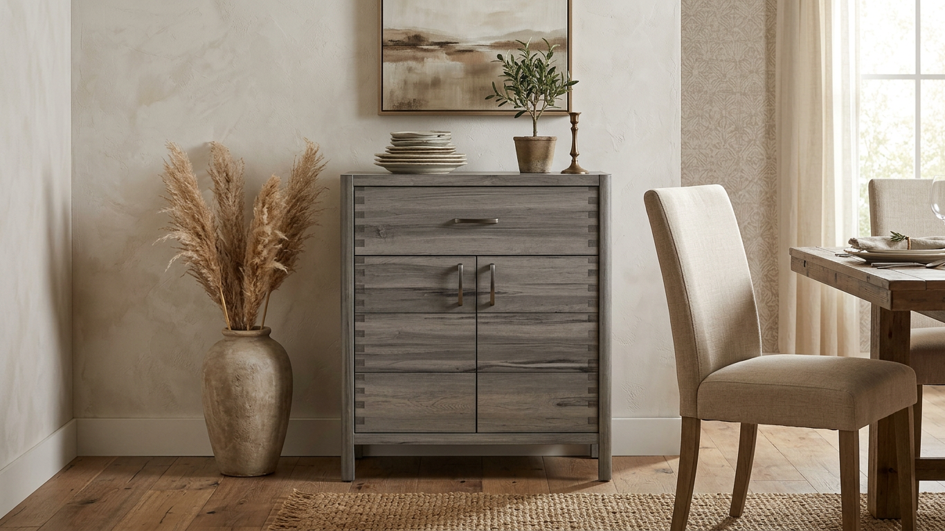 Warm neutral dining room with a gray wood sideboard, pampas grass in a vase, framed landscape art, and upholstered dining chairs