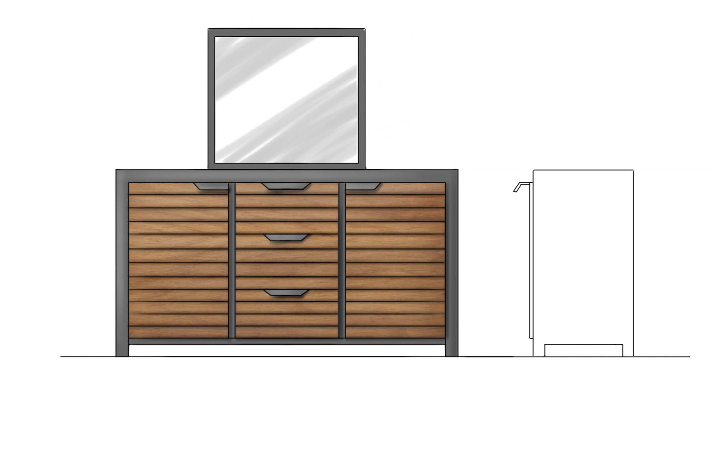 Illustration of a modern wooden dresser with multiple drawers, a wall mirror, and a small object beside it
