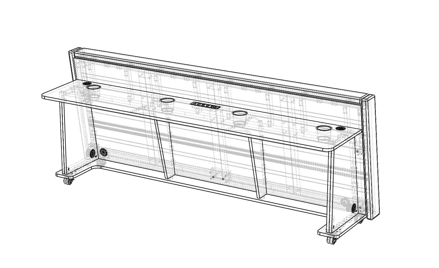 Technical line drawing of a long scorer's tabletop, tabletop cable grommets, internal shelving, and caster wheels.