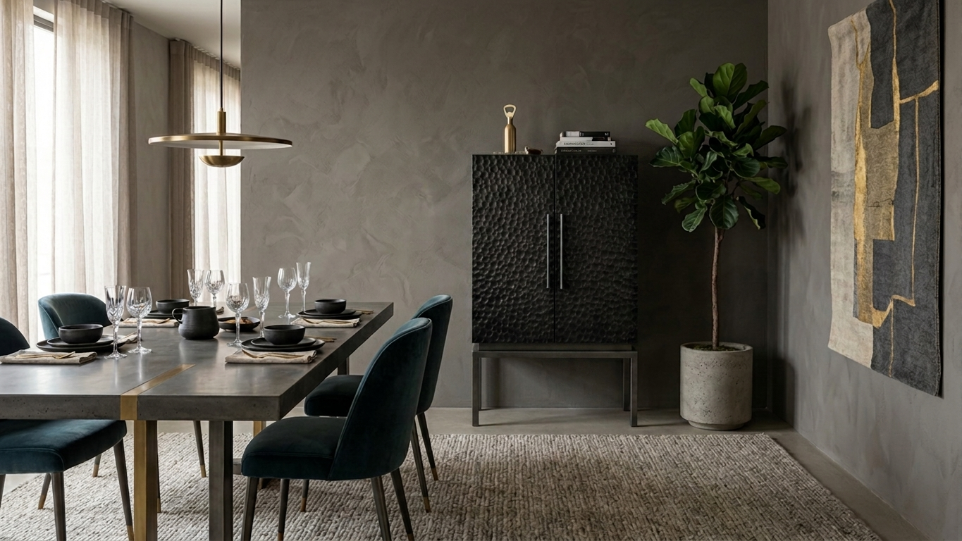 Modern dining room with a set table, dark velvet chairs, black textured cabinet, potted fiddle-leaf fig, abstract wall art, and pendant light
