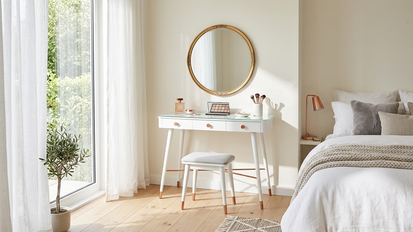 Bright bedroom with a white makeup vanity, round gold mirror, stool, cosmetics, potted olive tree, and sunlit bed
