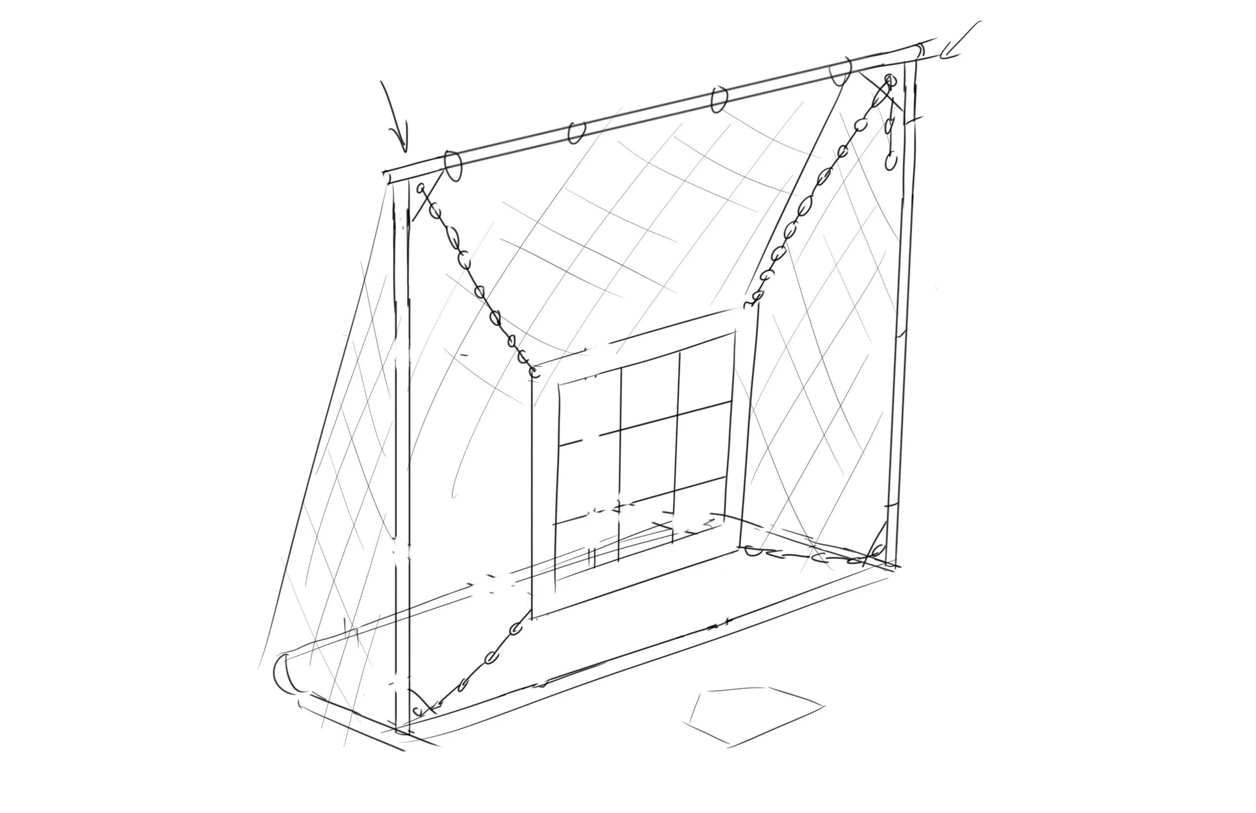 Hand-drawn perspective sketch of a rectangular pitcher's pocket, hanging 9 hole, and diagonal construction lines.