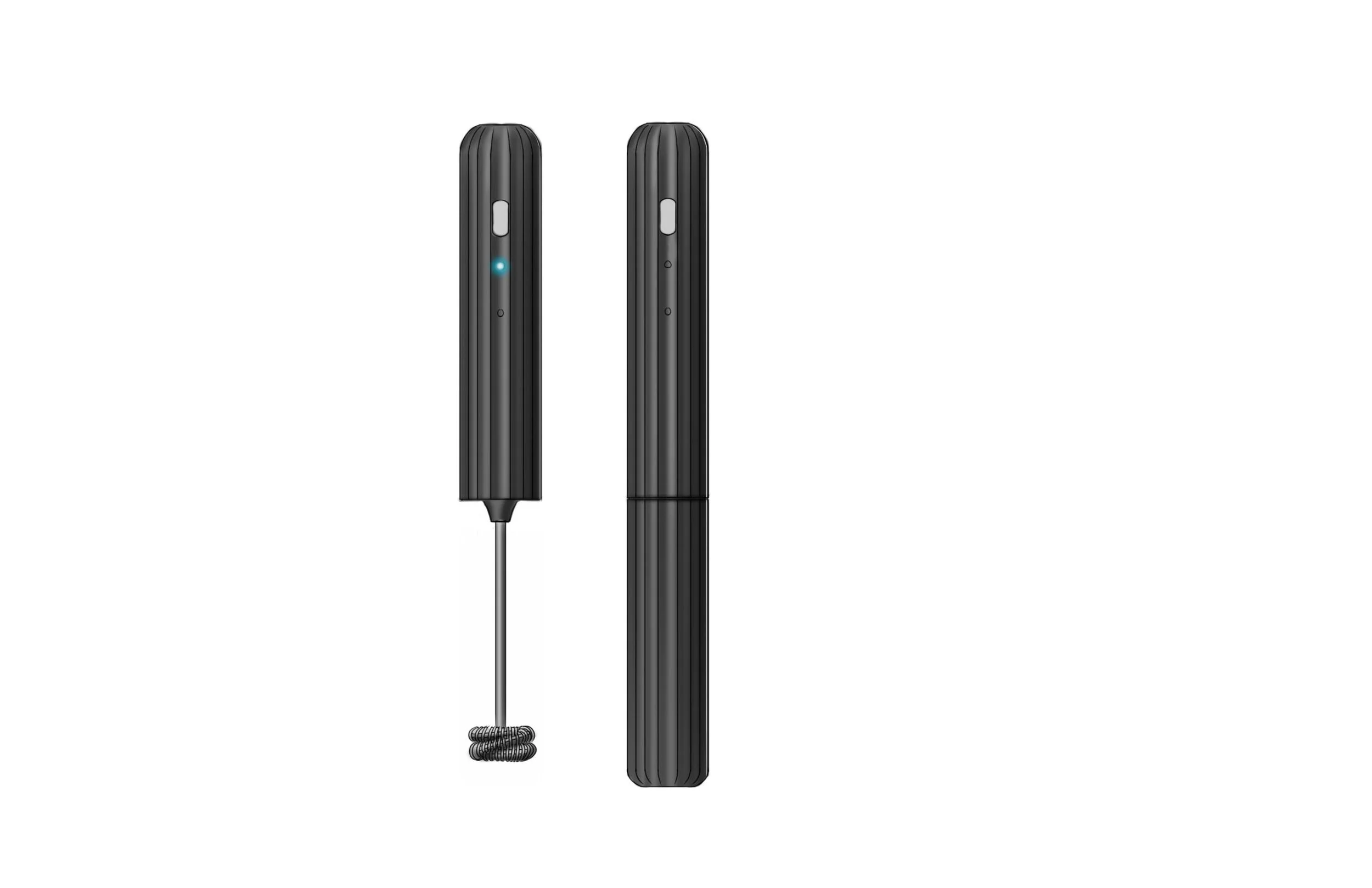 Black electric milk frother shown assembled and disassembled, with a glowing indicator light.