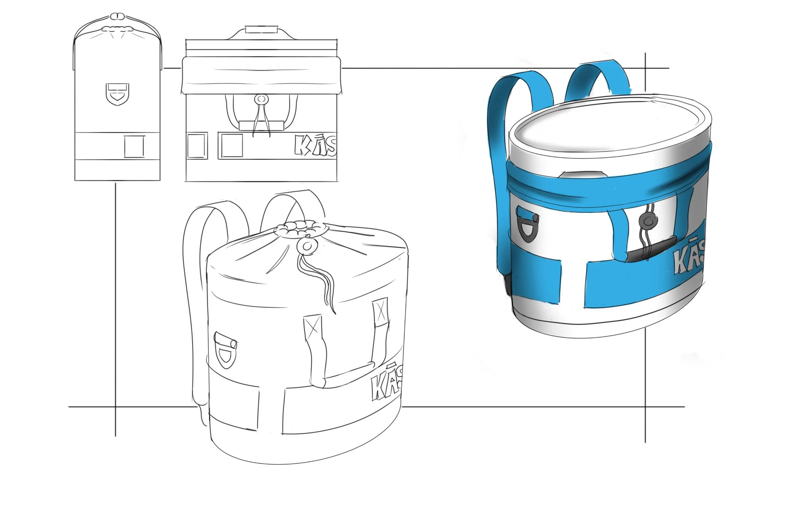 Technical illustration showing multiple views of a blue-and-white cylindrical backpack or portable container with shoulder straps, buckles, and a drawstring closure.