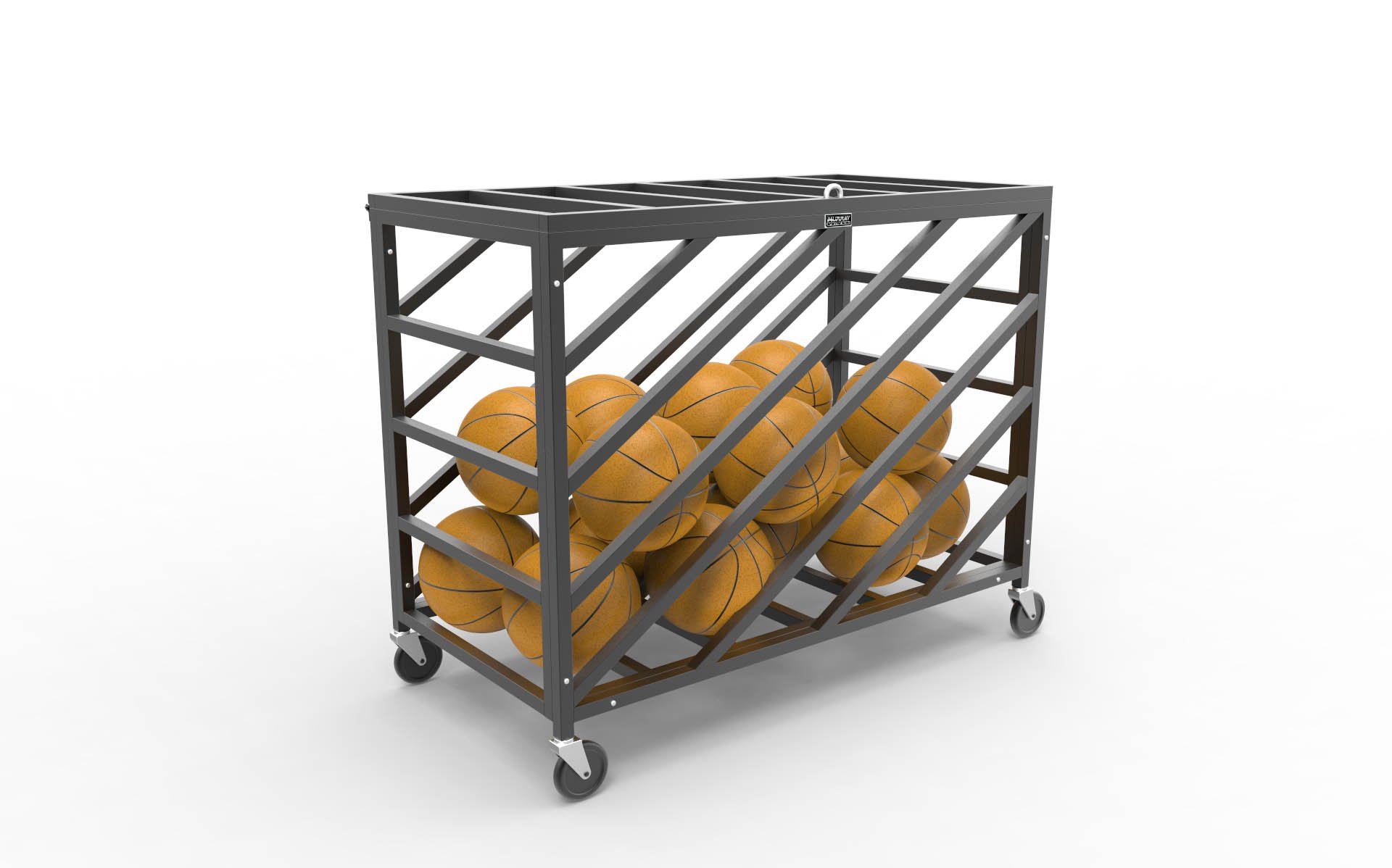 Rolling metal basketball storage rack filled with orange basketballs