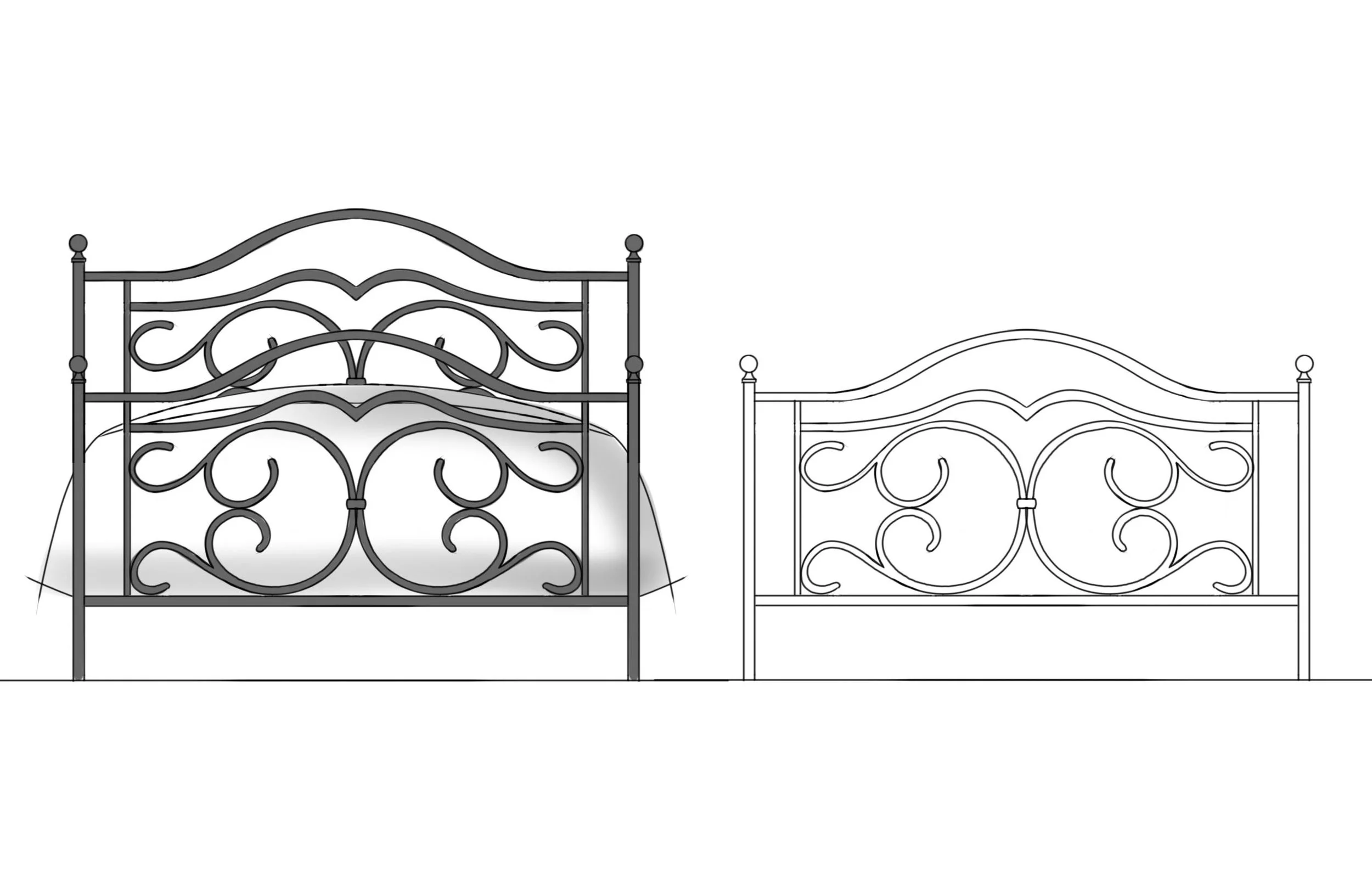 Ornate wrought iron bed frame shown in shaded perspective and outline views
