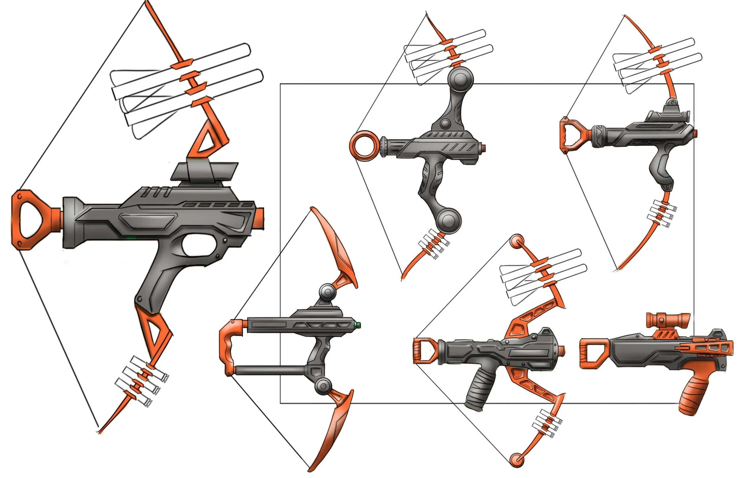 Illustration of futuristic orange-and-gray sci-fi weapons, including guns, crossbows, and a bow.