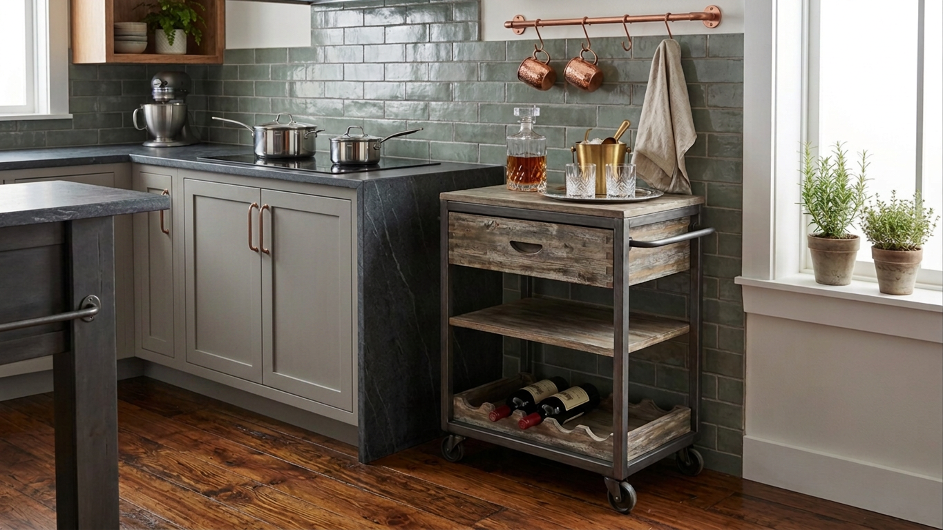 Stylish kitchen with green subway tile backsplash, gray cabinets, copper cookware, and a rustic rolling bar cart with wine bottles.