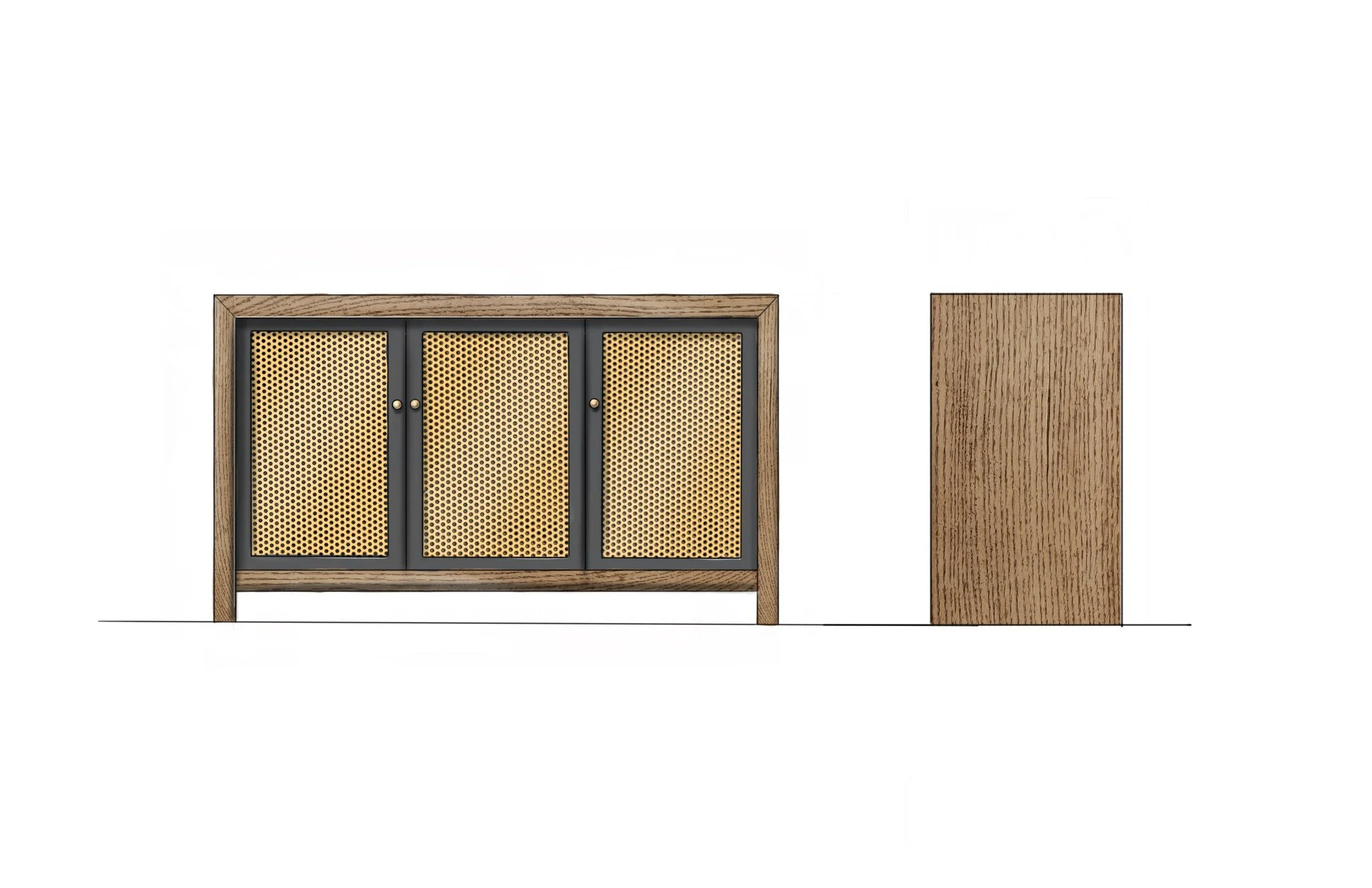 Modern mid-century wooden sideboard with three black-framed cane-front doors and brass knobs, shown with a matching wood panel.