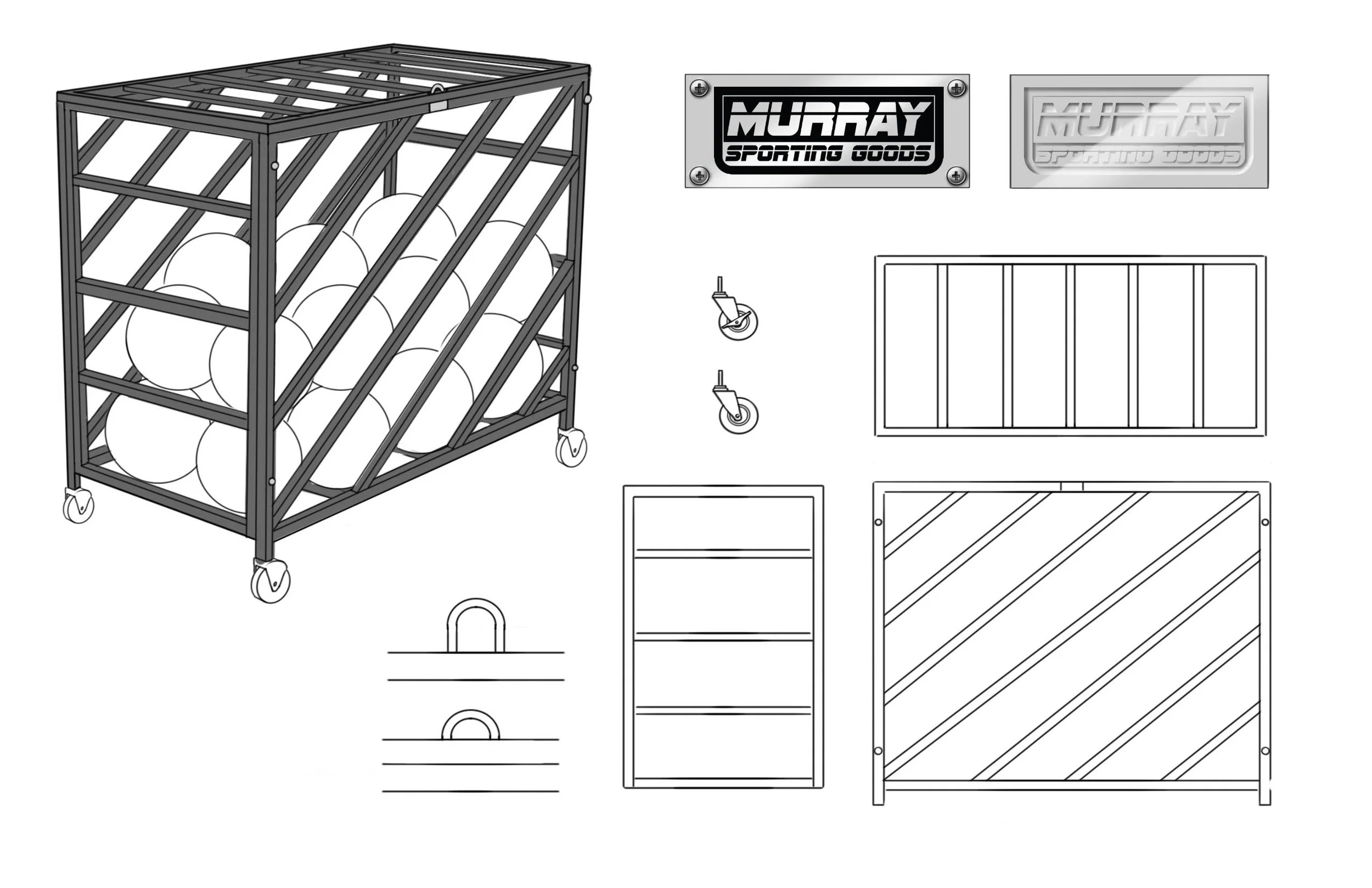 Assembly illustration of a Murray Sporting Goods rolling metal ball cart filled with balls, showing casters, logos, and individual cart panels.