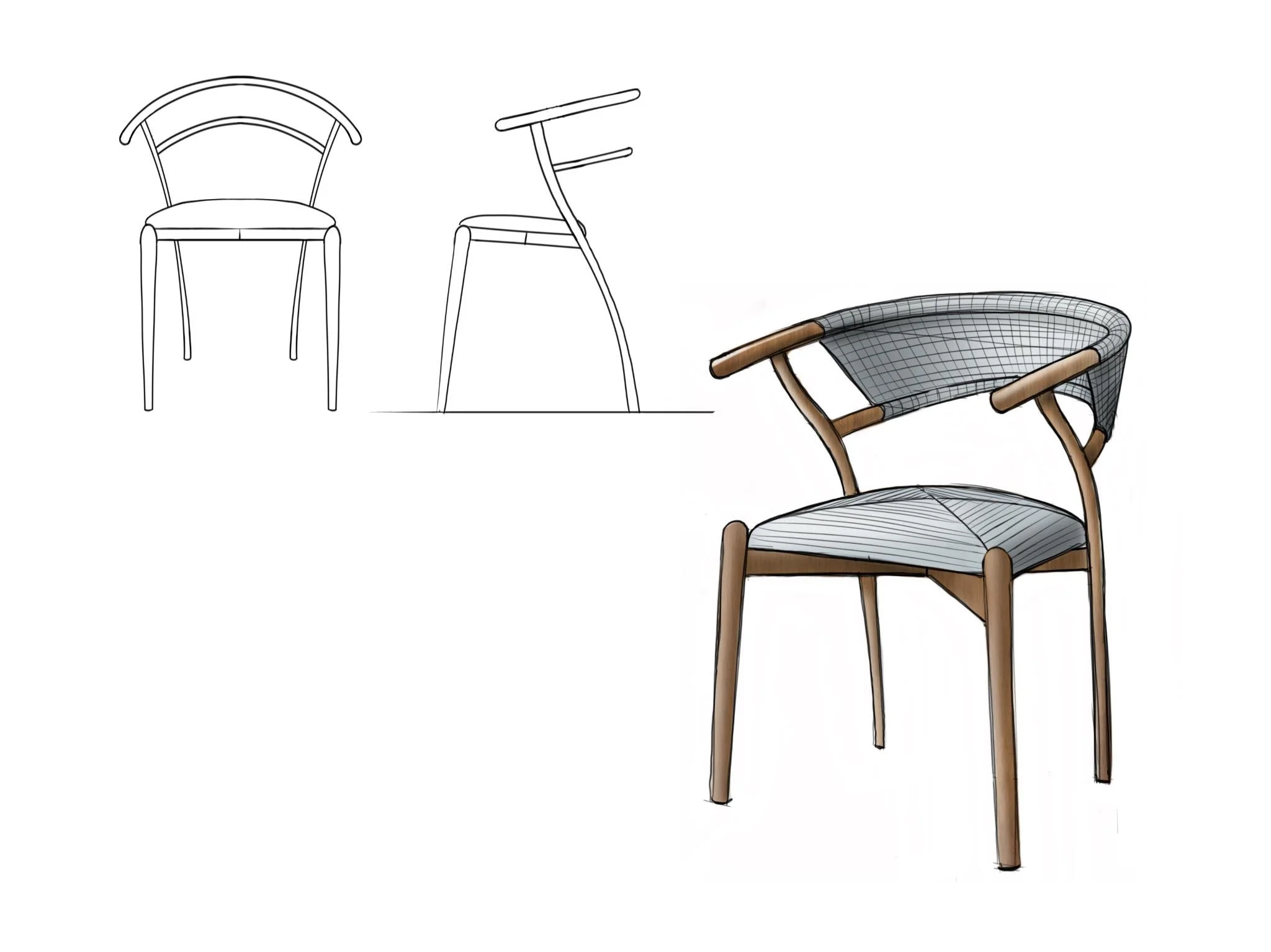 Illustrations of a modern wooden armchair with a curved backrest, shown from front, side, and perspective views.