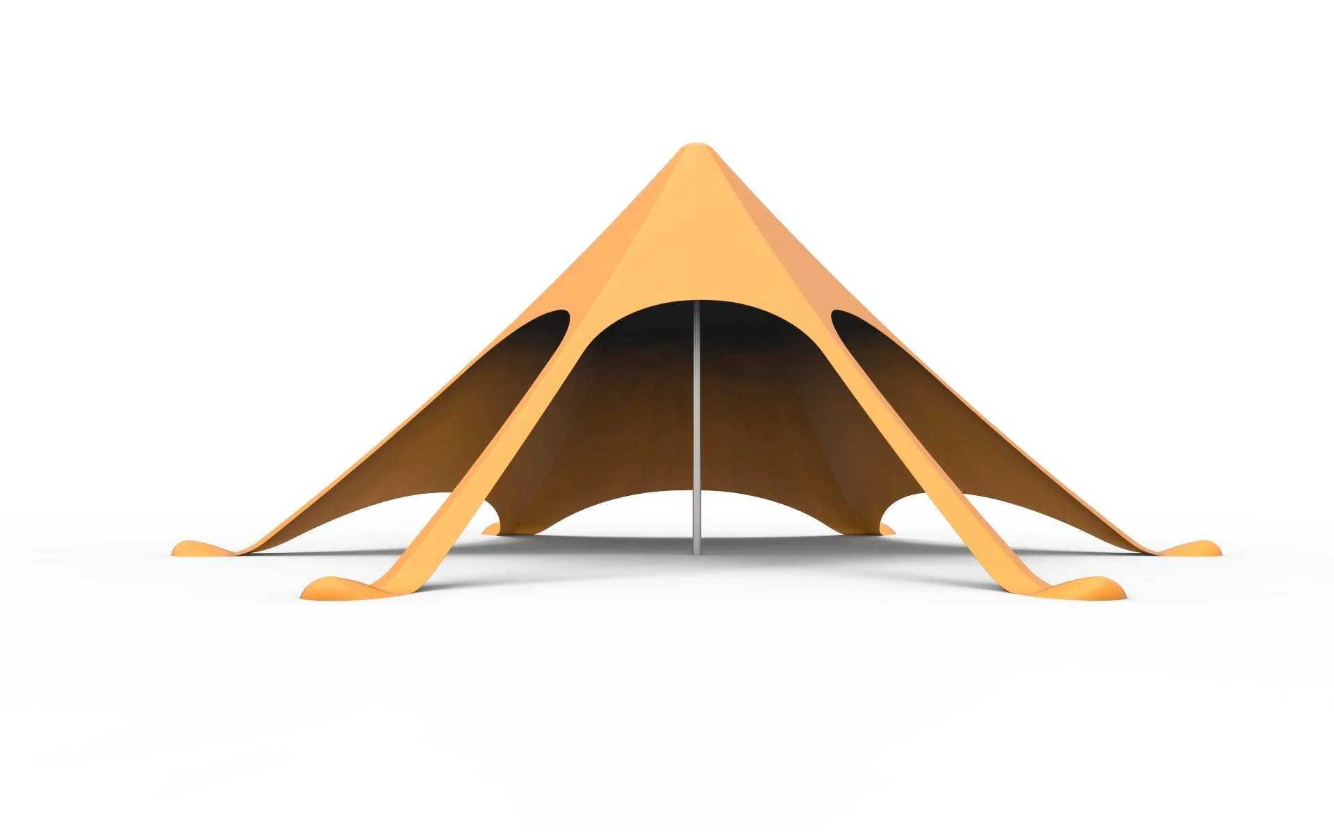 Orange and brown pyramid-shaped camping tent with a central support pole on a white background