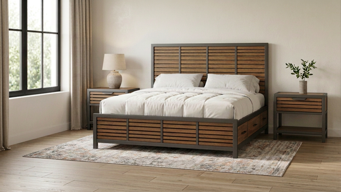 Modern bedroom with a wooden slat bed, white bedding, matching nightstands, a table lamp, potted plant, large window, and area rug.