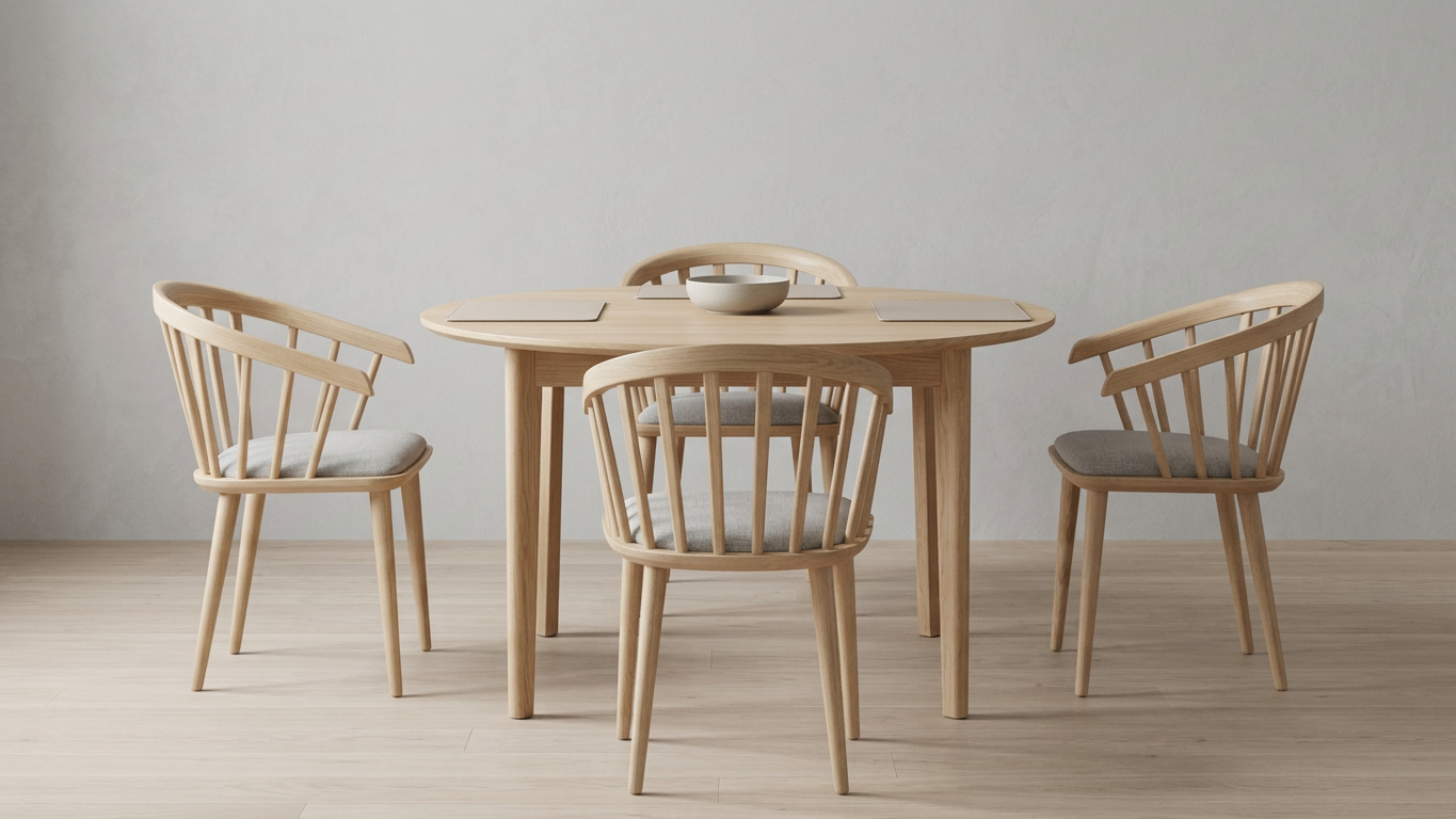 Light wood dining table with four spindle-back chairs, gray upholstered seats, placemats, and a bowl in a minimalist room