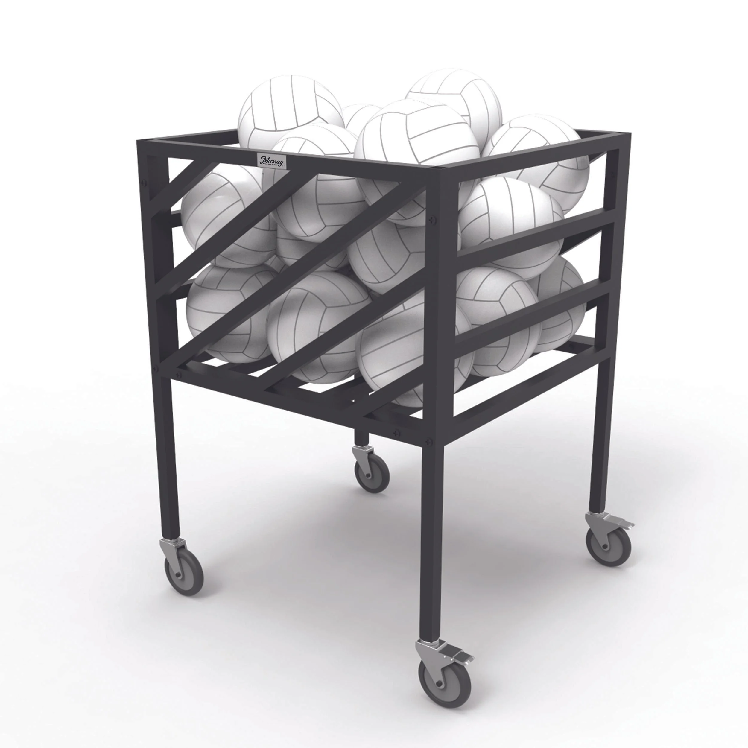 Rolling black volleyball storage cart filled with white volleyballs