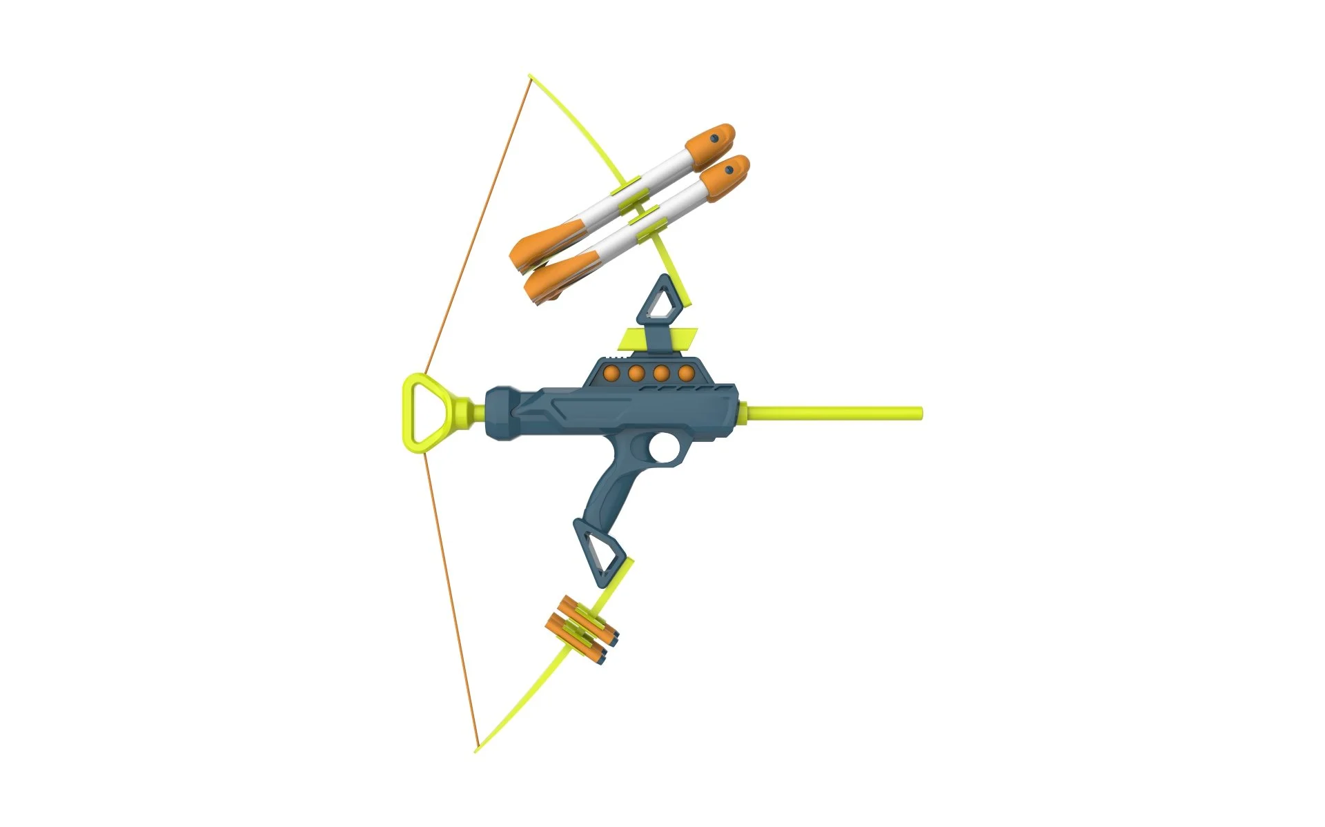 Colorful toy bow-and-arrow blaster with two arrows mounted above it, isolated on a white background