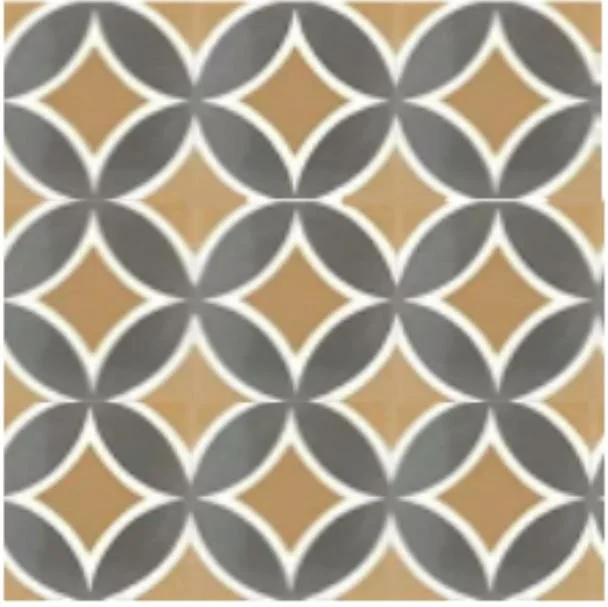 Geometric repeating pattern of gray petal shapes and tan diamond motifs outlined in white