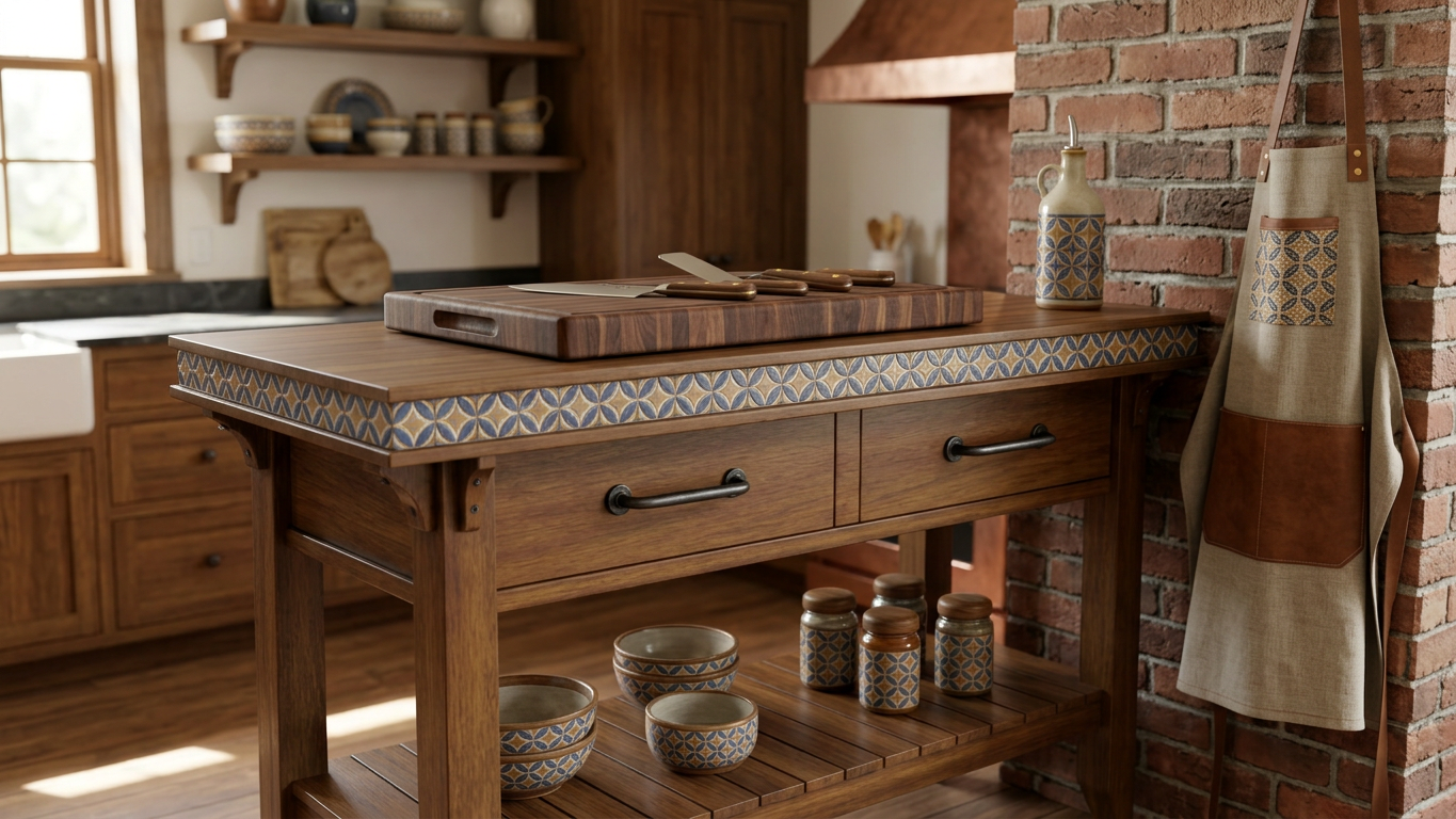 Rustic wooden kitchen island with patterned tile trim, cutting board and knives, ceramic bowls and spice jars, and a hanging apron