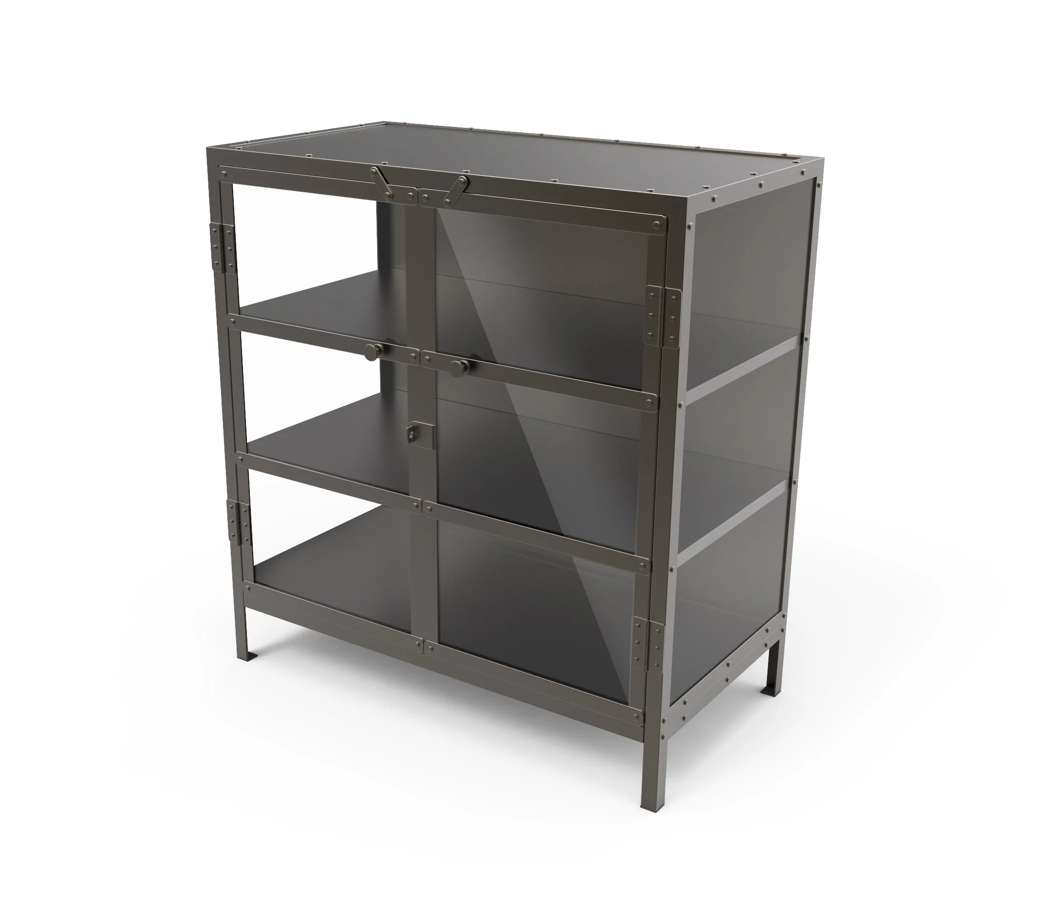 3D rendering of a dark gray metal storage cabinet with open shelving and hinged front doors