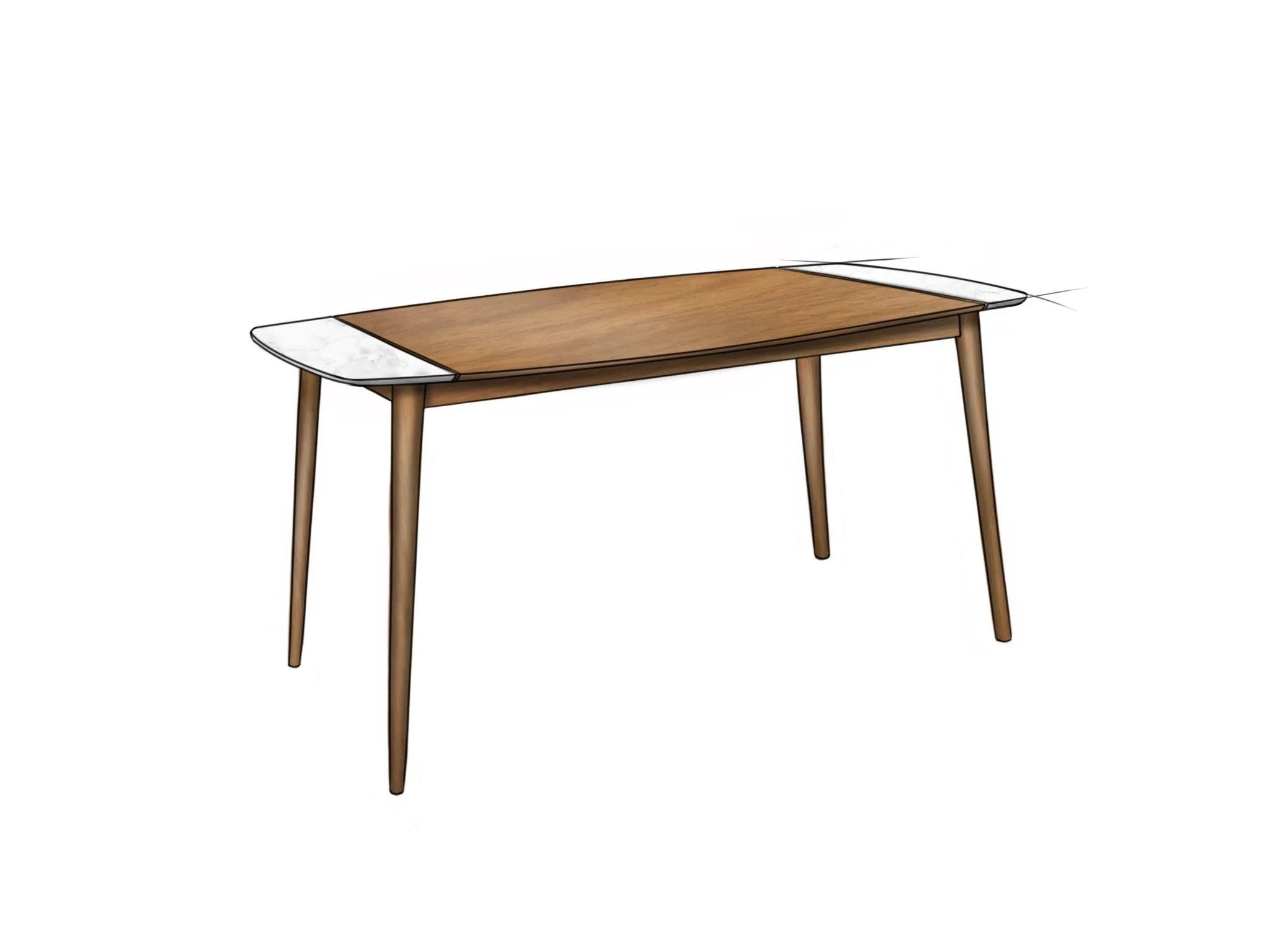 Illustration of a mid-century wooden dining table with white marble corner inlays and four tapered legs