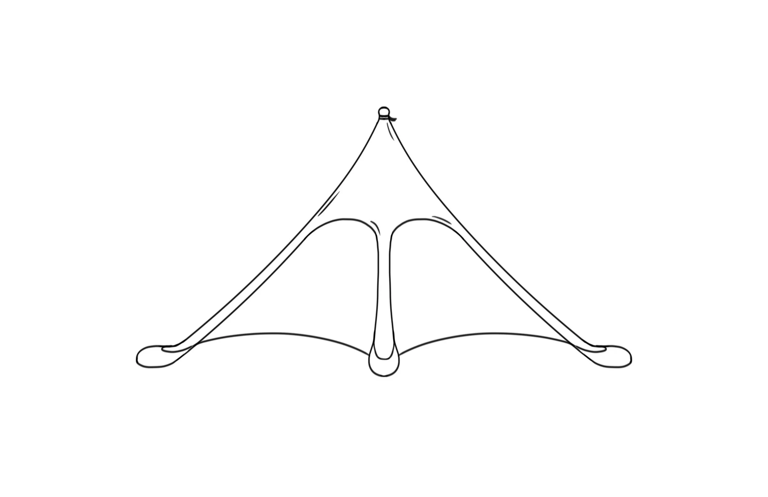 Black-and-white line drawing of a tent with two open flaps and a central support pole