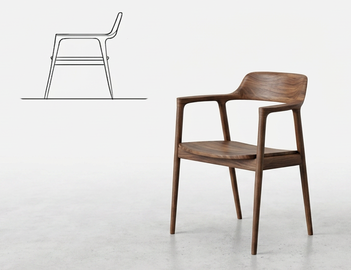 Walnut mid-century modern armchair with curved backrest and matching chair design sketch