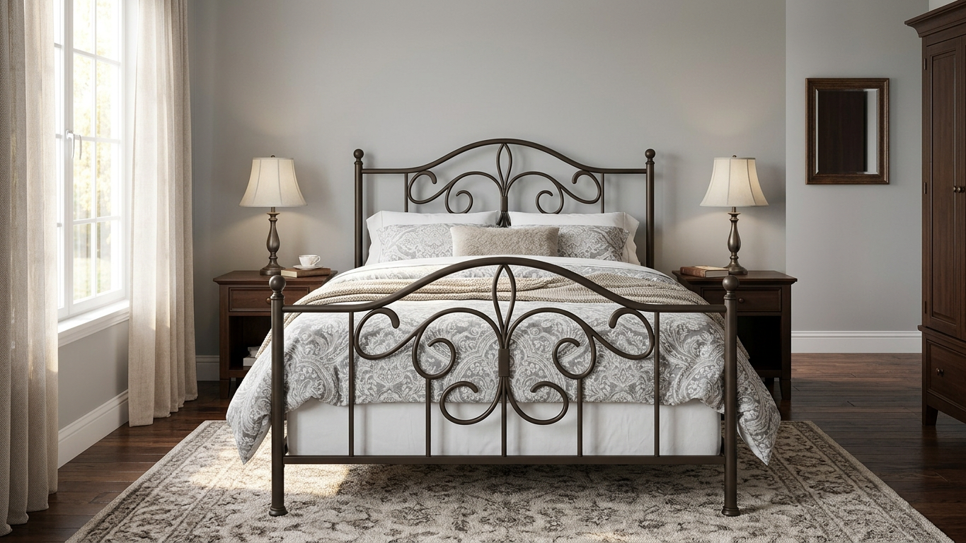 Elegant bedroom with ornate wrought-iron bed, patterned gray bedding, bedside lamps, dark wood furniture, and window with sheer curtains